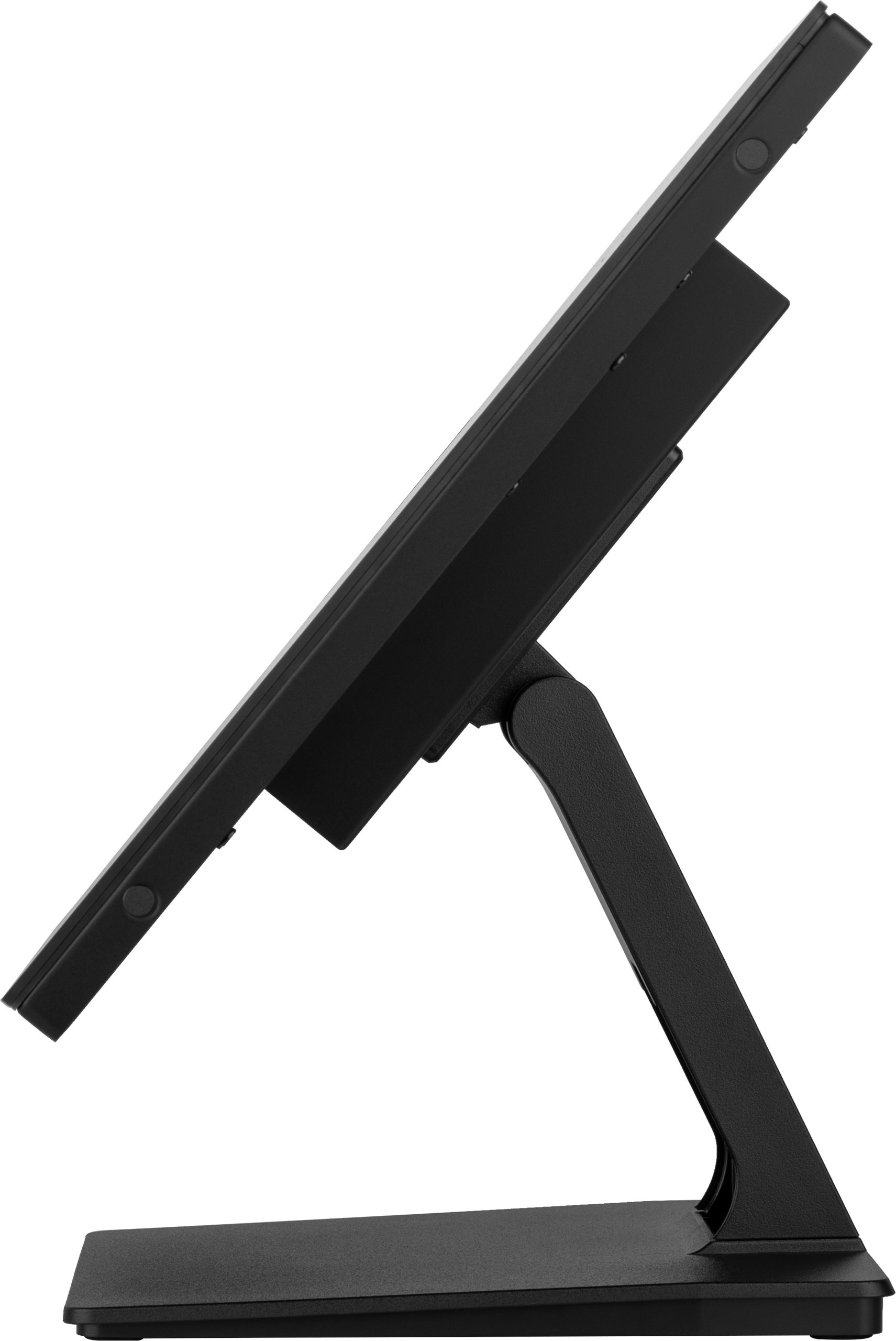 Ein schwarzer Computermonitor, seitlich abgewinkelt, von einem Ständer getragen. Der Hintergrund ist weiß.