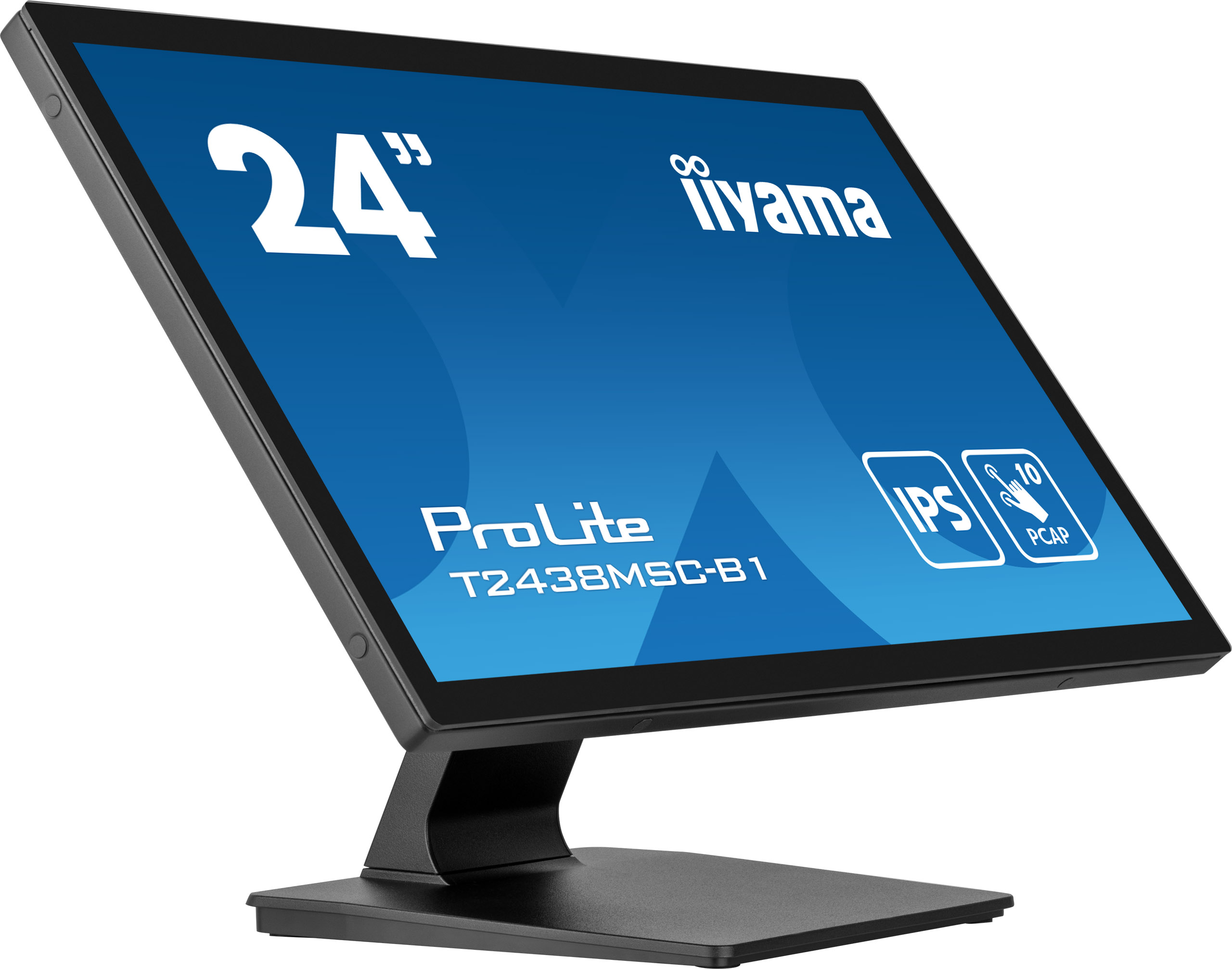 Ein schwarzer Computermonitor mit blauem Bildschirm, der weißen Text und Logos anzeigt. Der Monitor steht auf einem schwarzen Ständer.