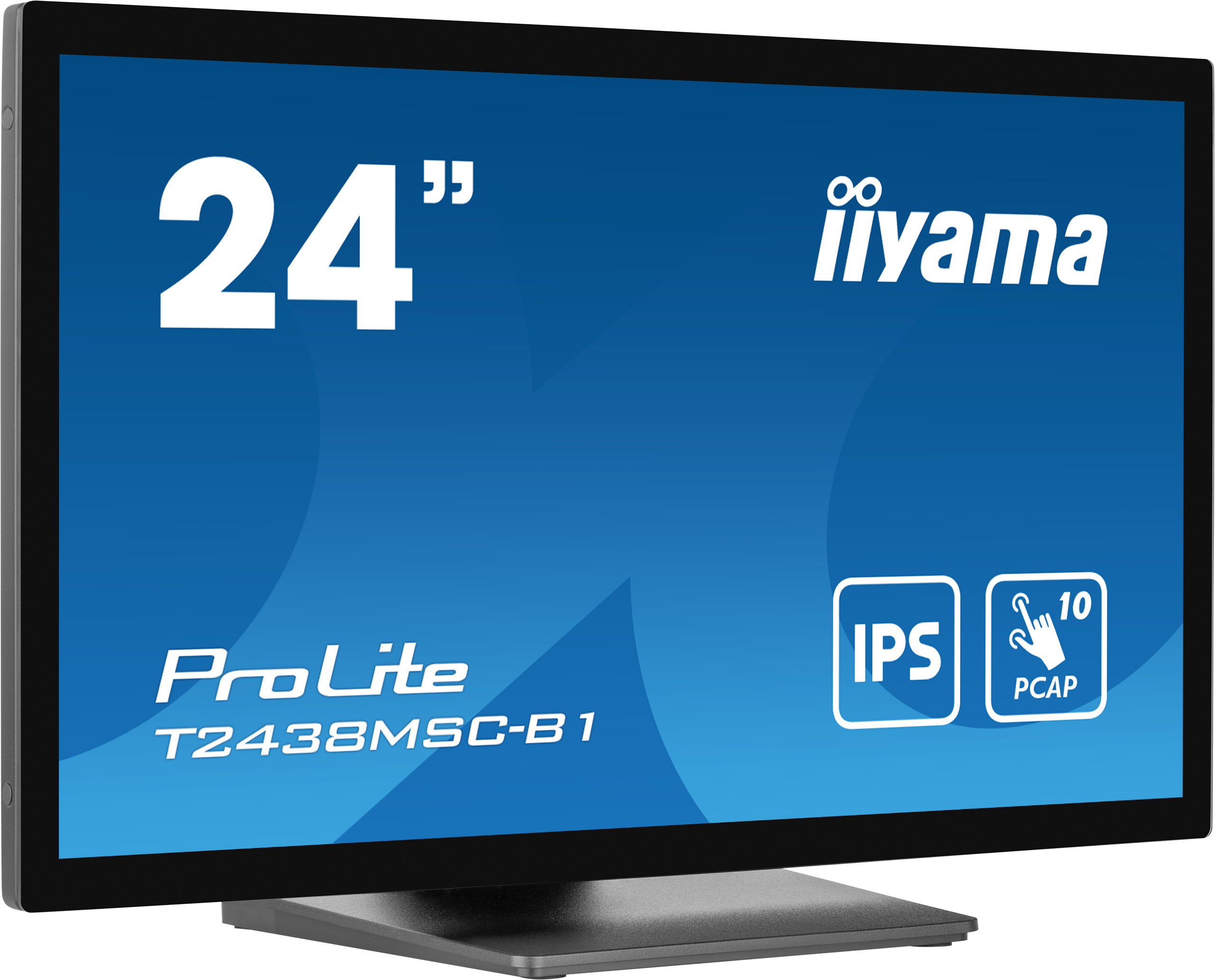 Ein schwarzer Computermonitor zeigt den Text "24" und "iiyama". Er hat auch den Text "ProLite T2438MSC-B1".