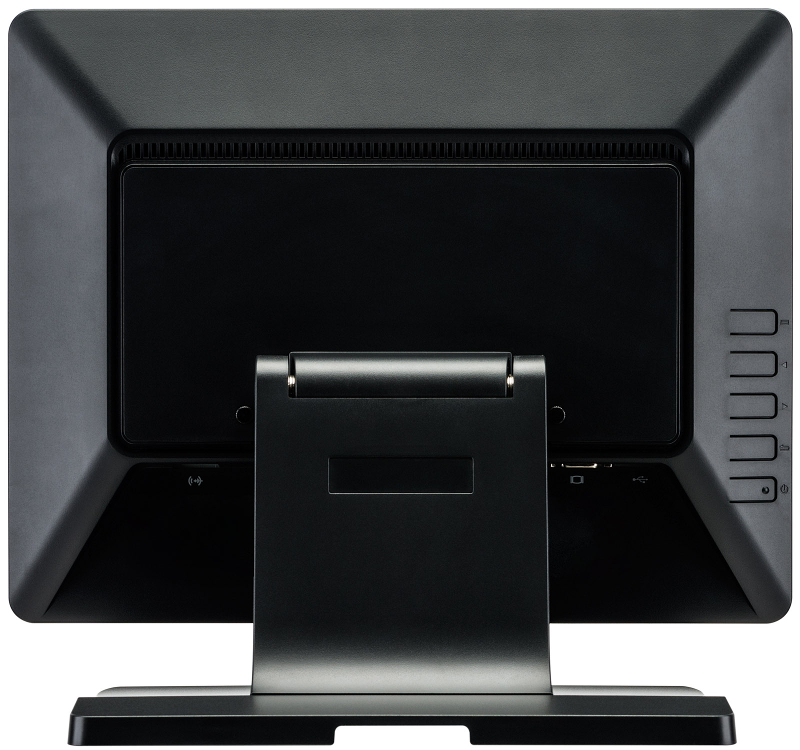 Rückseite eines schwarzen Computermonitors mit Ständer und Anschlüssen.
