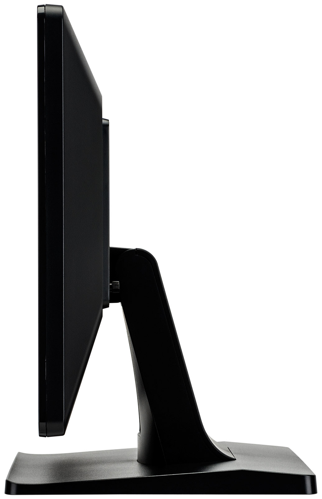 Seitenansicht eines schwarzen Computermonitors. Er hat einen Ständer, einen Bildschirm und einen Rahmen. Der Hintergrund ist weiß.