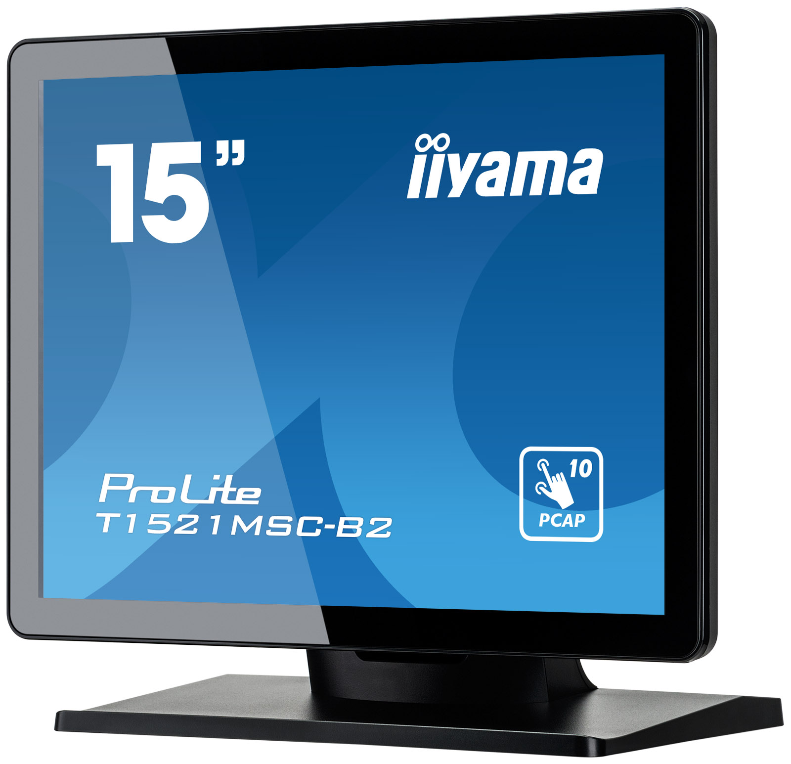 Ein 15-Zoll-iiyama ProLite Touchscreen-Monitor mit schwarzem Rahmen und Ständer. Auf dem Bildschirm sind Markendetails zu sehen.