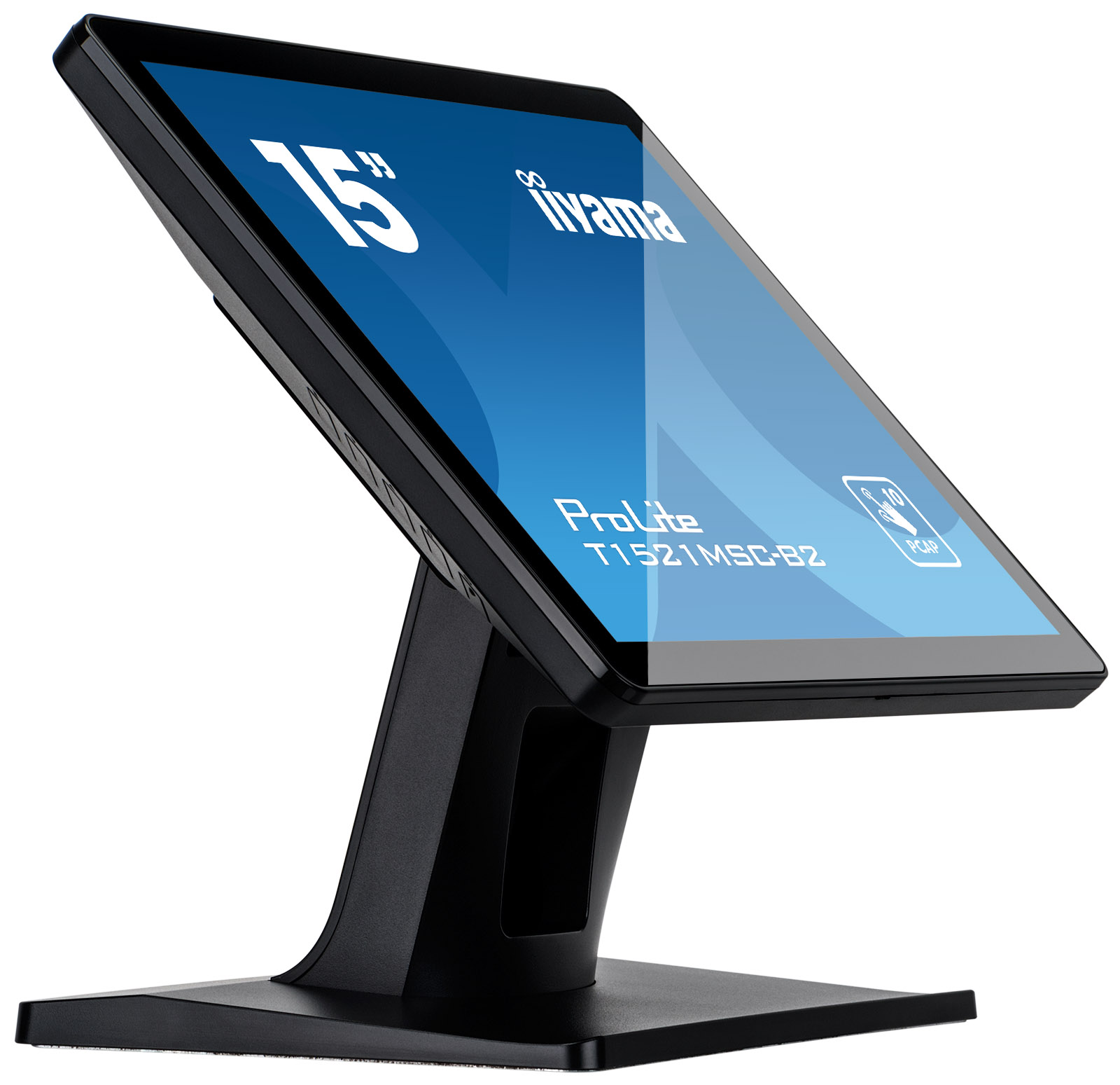 Ein schwarzer Iiyama ProLite Touchscreen-Monitor auf einem Ständer. Der Bildschirm zeigt 15" und das Iiyama-Logo.