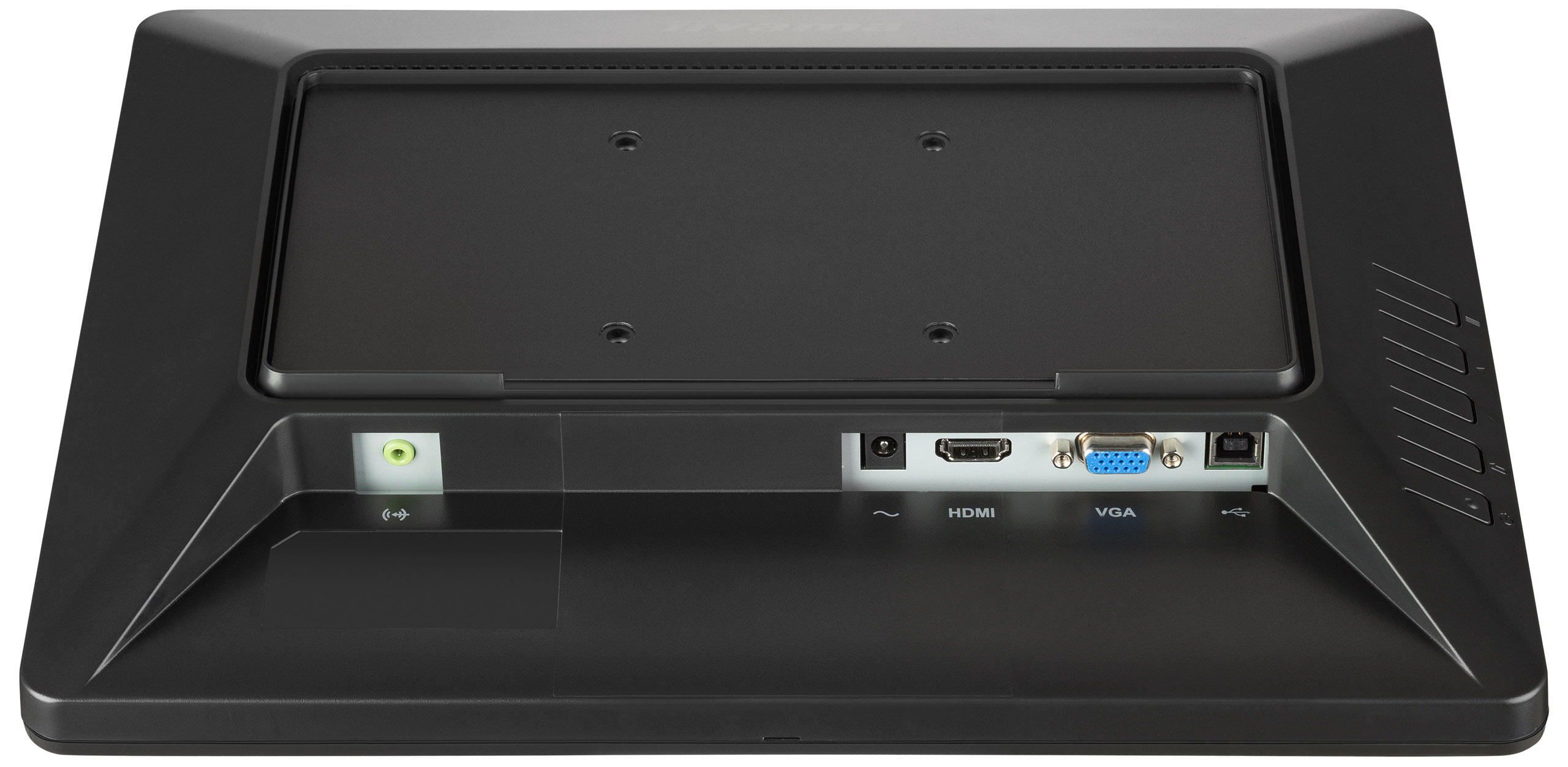 Rückansicht eines schwarzen Computermonitors mit Anschlüssen: HDMI, VGA, USB, Stromanschluss und Audioanschluss.