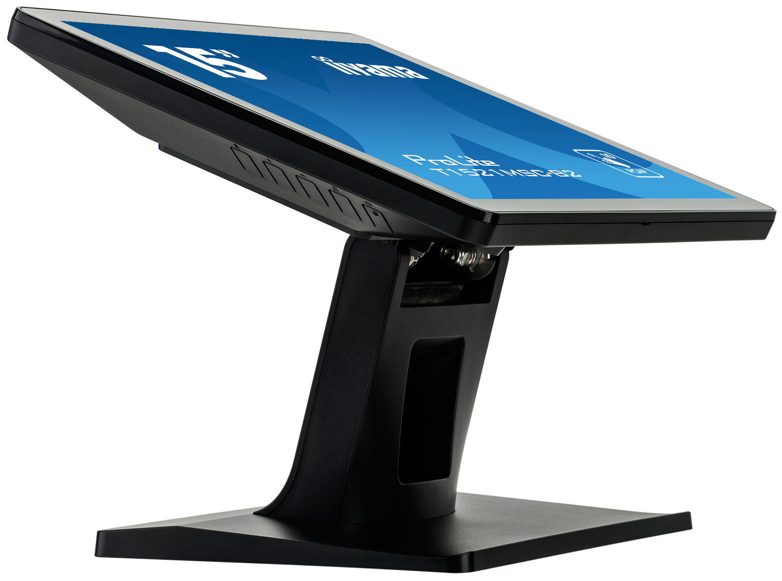 Ein schwarzer Touchscreen-Monitor auf einem schwarzen Ständer. Der Bildschirm zeigt blaue Grafiken und Text.