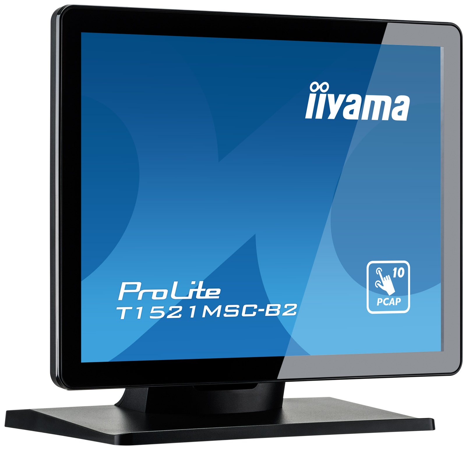 Ein schwarzer Iiyama-Touchscreen-Monitor. Er hat einen blauen Bildschirm mit weißem Text: ProLite, T1521MSC-B2 und das Iiyama-Logo.