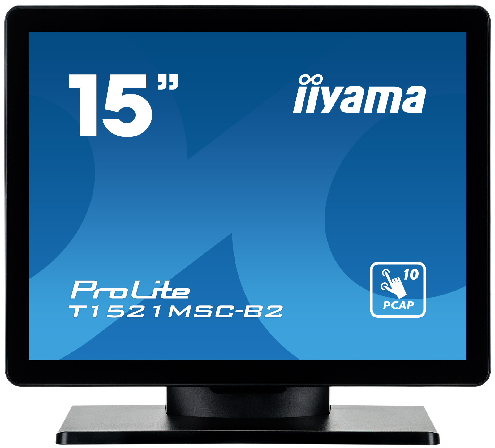 Ein 15-Zoll-iiyama-Touchscreen-Monitor. Der Bildschirm zeigt den Modellnamen ProLite T1521MSC-B2 und PCAP-Touch-Technologie.