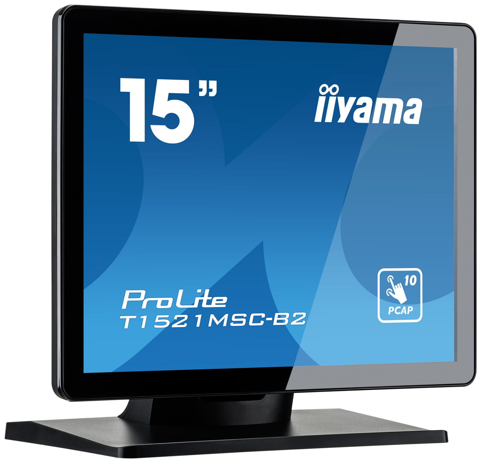 Ein schwarzer iiyama ProLite 15" Monitor. Der Bildschirm ist blau mit weißem Text. Ein weißes Handsymbol auf der rechten Seite.