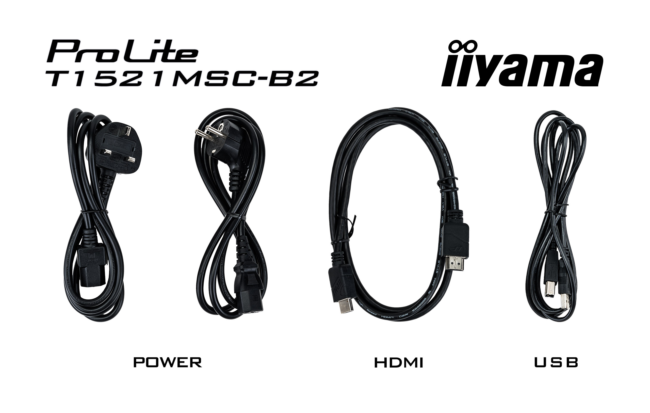 Das Bild zeigt Strom-, HDMI- und USB-Kabel. Logos von ProLite und iiyama sind sichtbar.