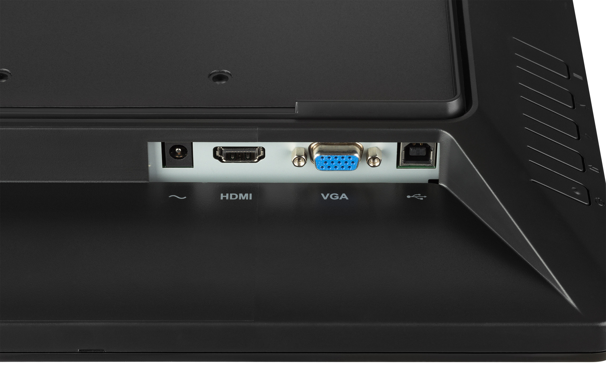 Nahaufnahme der Rückseite eines schwarzen Monitors. Anschlüsse: HDMI, VGA, USB und Strom, darunter beschriftet. Der Monitor hat ein schlankes Design.