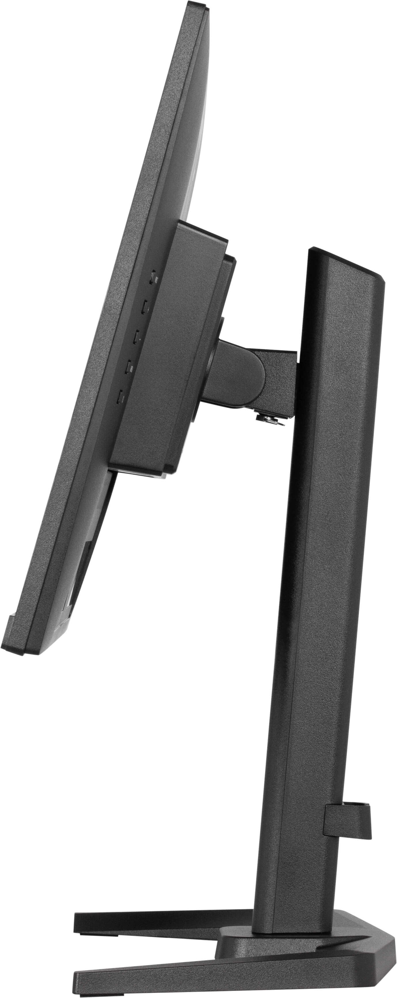 Czarny monitor komputerowy ze stojakiem pokazany z boku. Ekran jest pochylony, a stojak ma podstawę.