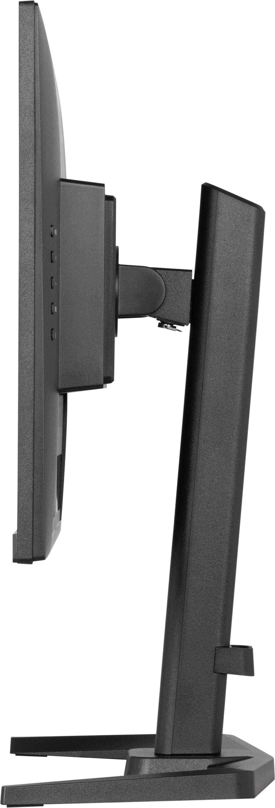 Widok z boku czarnego monitora. Monitor stoi na stojaku. Stojak ma podstawę i pionowe podparcie.