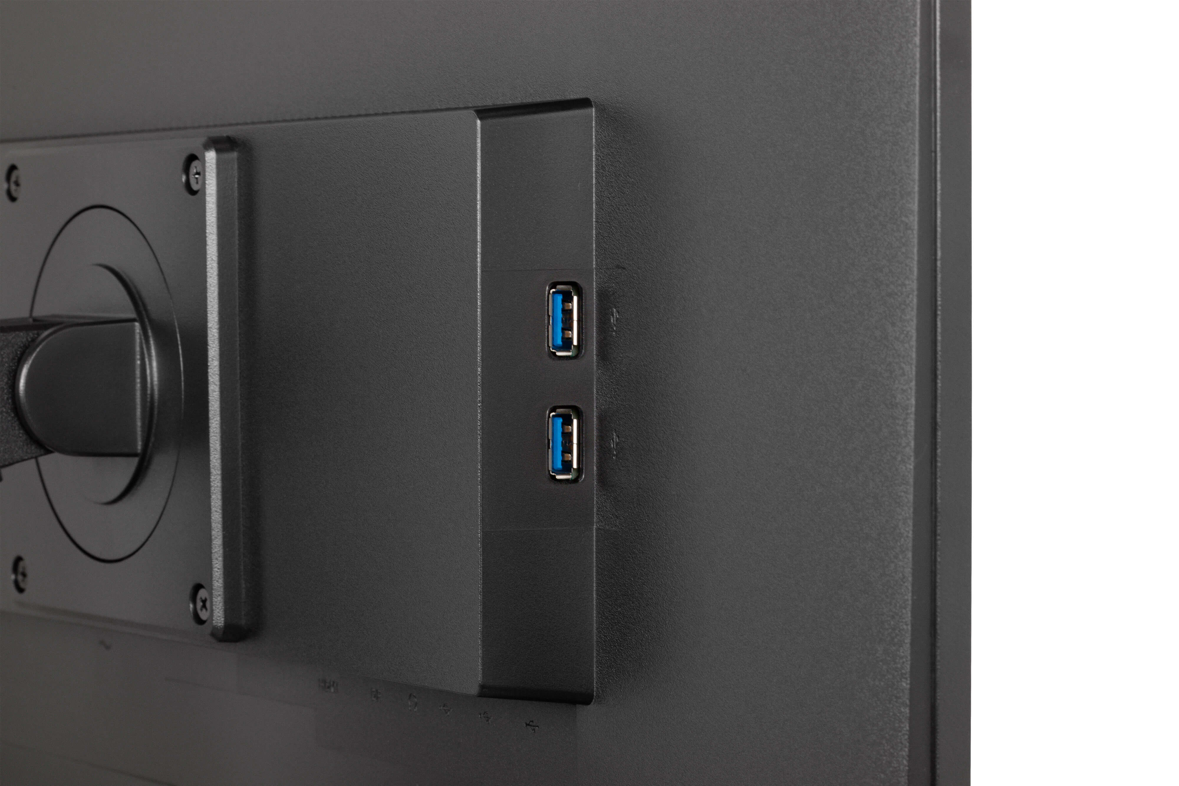 Zbliżenie tyłu monitora z dwoma portami USB. Panel jest ciemnoszary. Porty mają niebieskie wkładki.