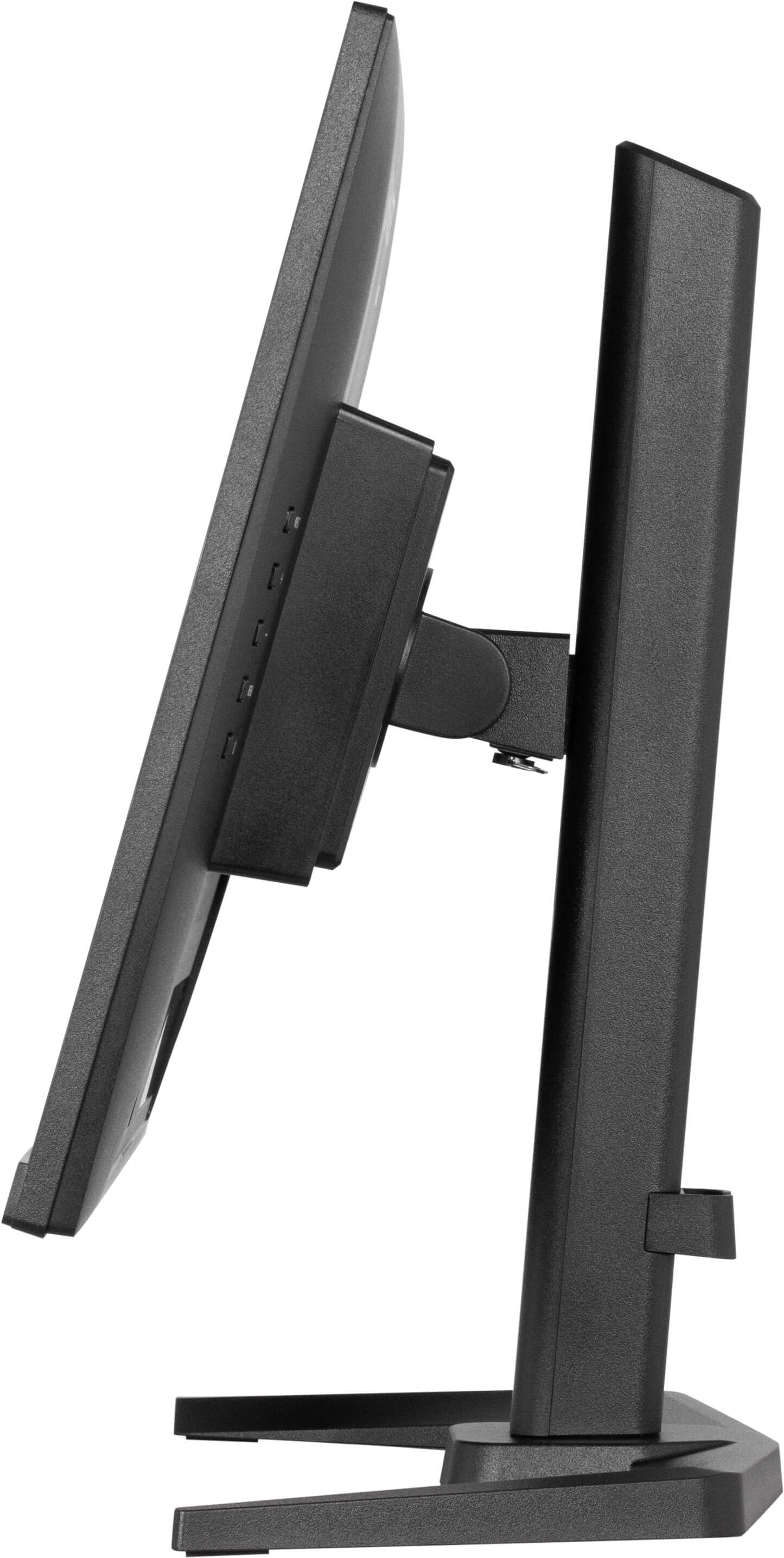 Czarny monitor komputera jest wyświetlany pod kątem, odsłaniając jego bok i podstawę. Podstawa jest również czarna i wspiera ekran.