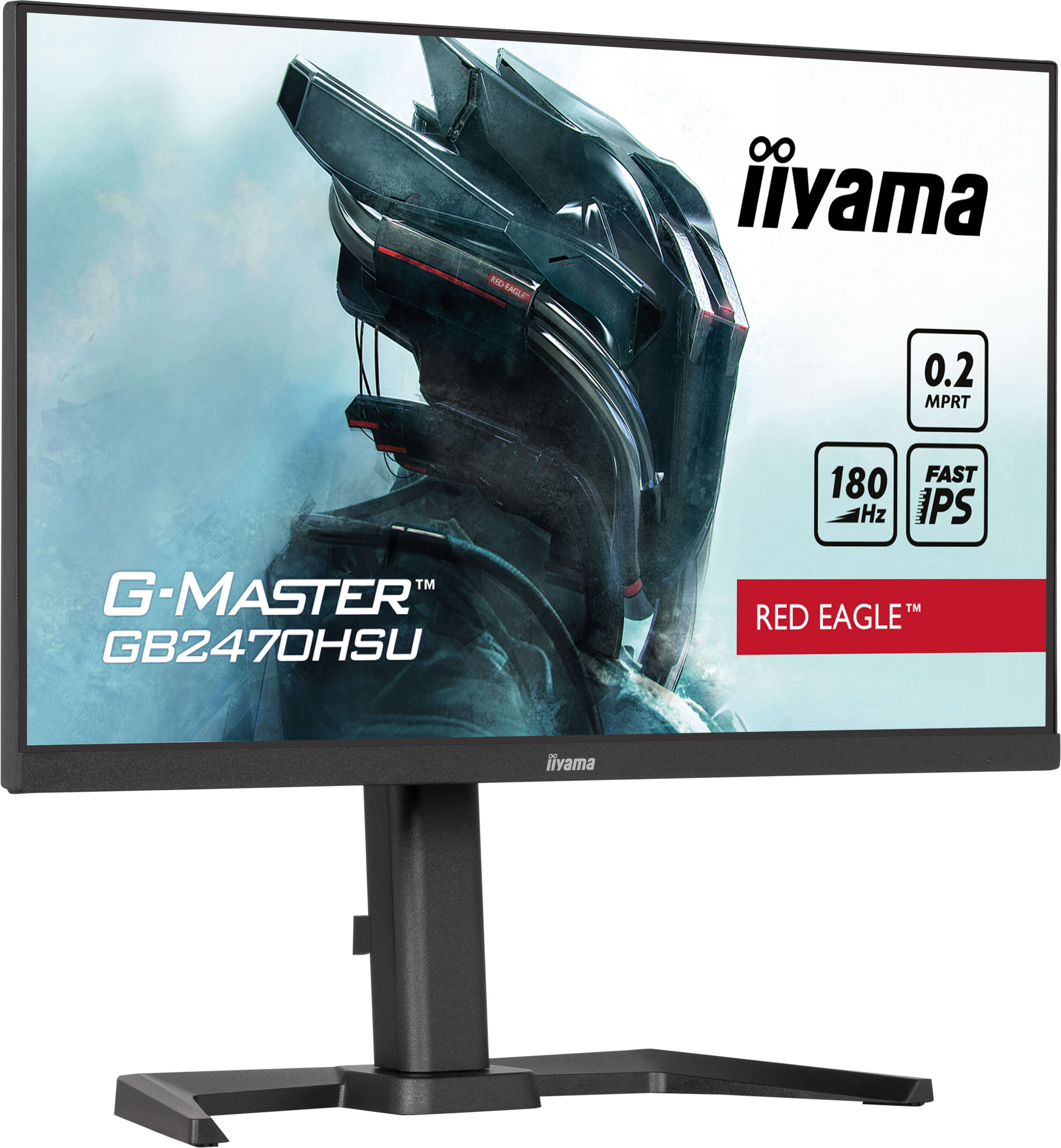 Monitor komputerowy na czarnym stojaku. Ekran wyświetla futurystyczny wzór z tekstem: G-MASTER GB2470HSU.