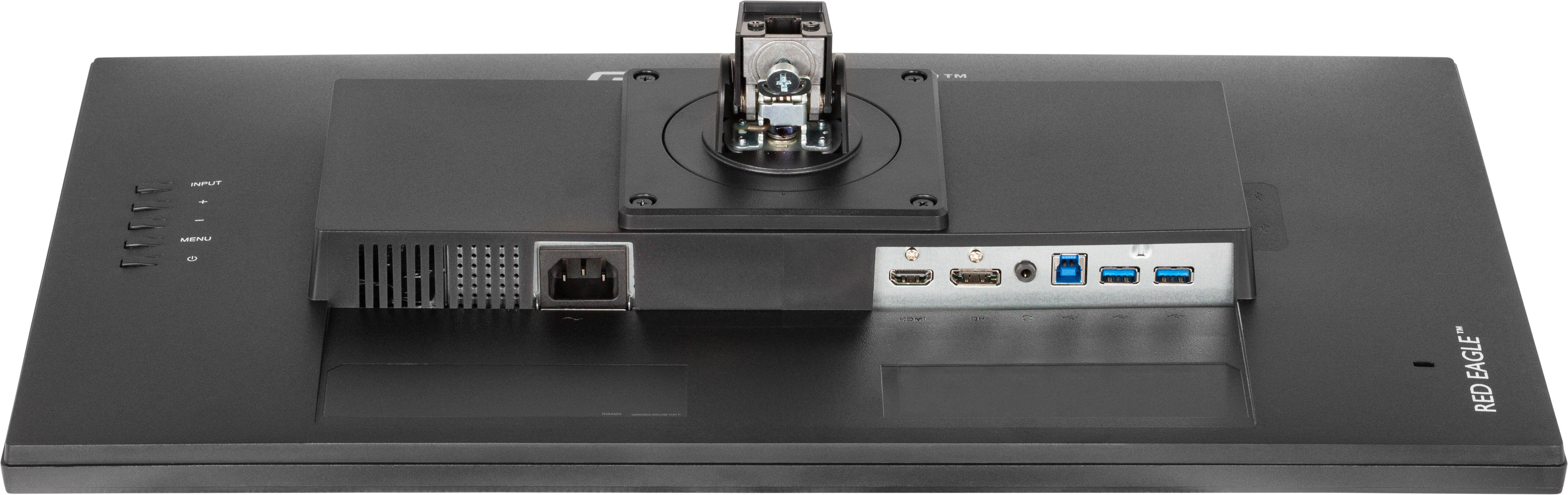 Czarny tył monitora z portami, wejściem zasilania i mocowaniem. Zawiera HDMI, USB i audio. Widoczny tekst 'RED EAGLE'.
