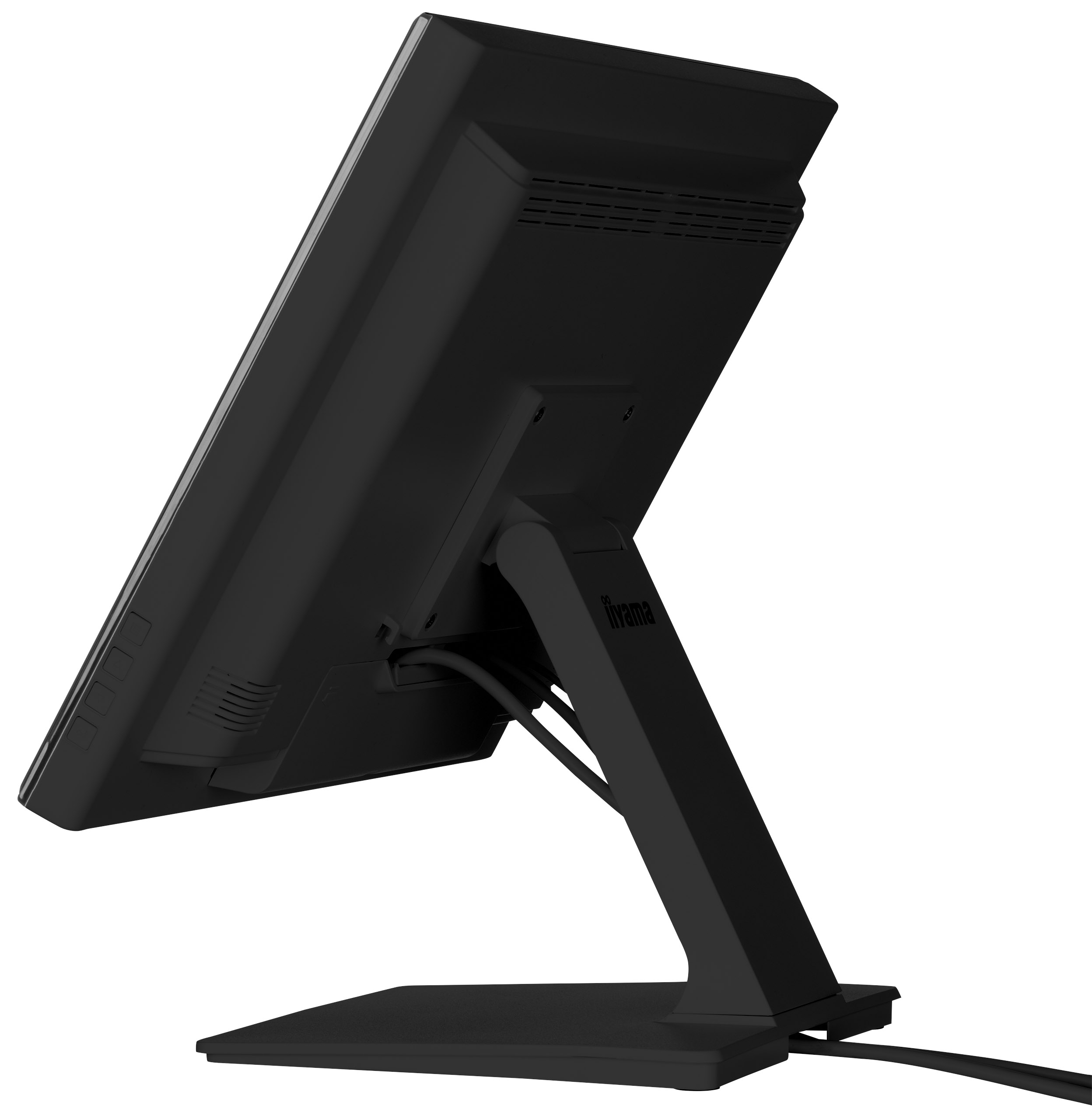 Ein schwarzer Computermonitor mit der Bezeichnung 'iiyama' ist abgewinkelt. Der Ständer und die Basis sind ebenfalls schwarz, mit Kabeln.