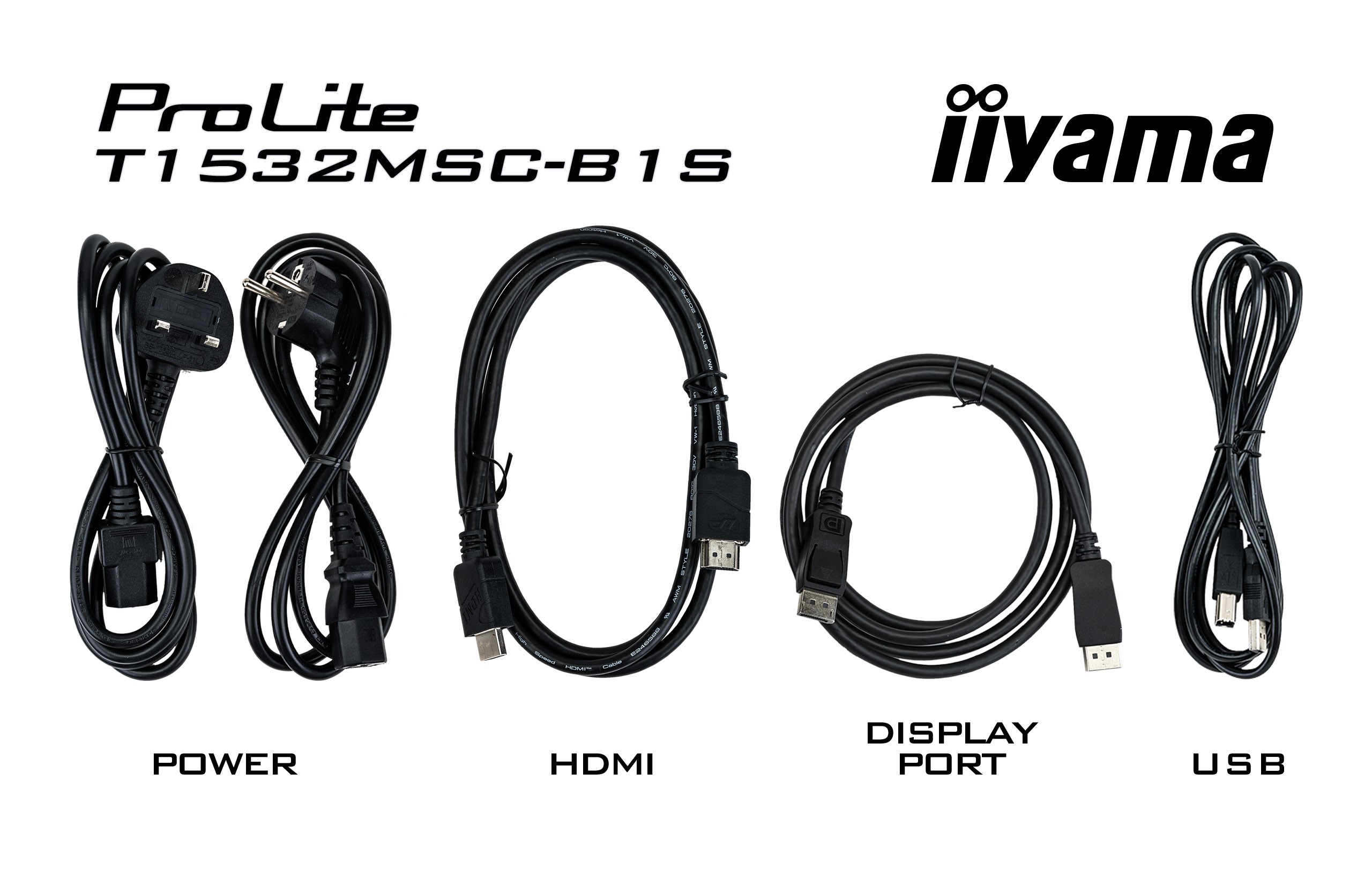 Das Bild zeigt Strom-, HDMI-, DisplayPort- und USB-Kabel für einen Monitor. Oben steht 'ProLite' und 'iiyama'.