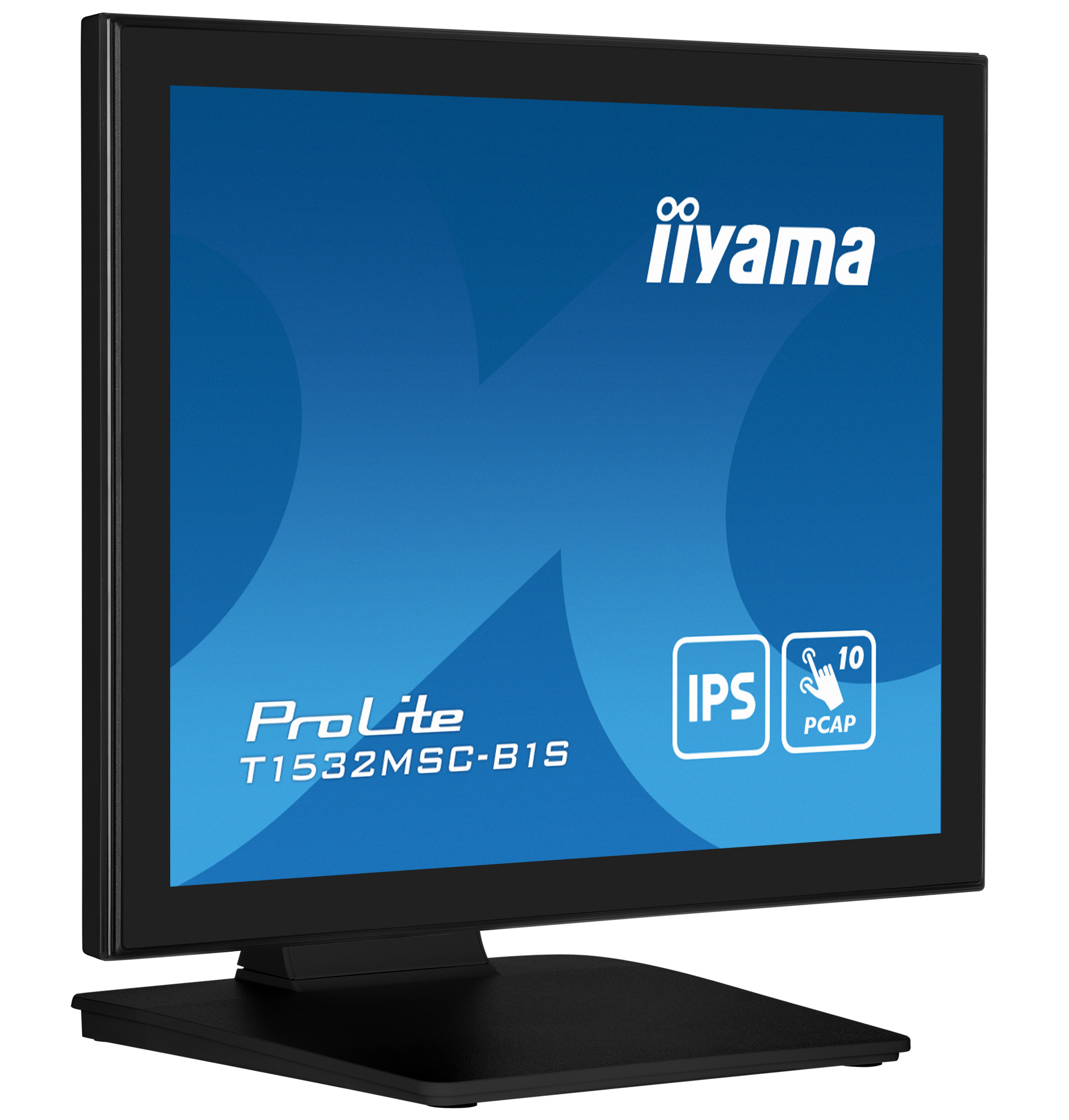 Ein schwarzer Iiyama ProLite T1532MSC-B1S Monitor. Blauer Bildschirm zeigt Markennamen und Funktionen: IPS und PCAP Touch.