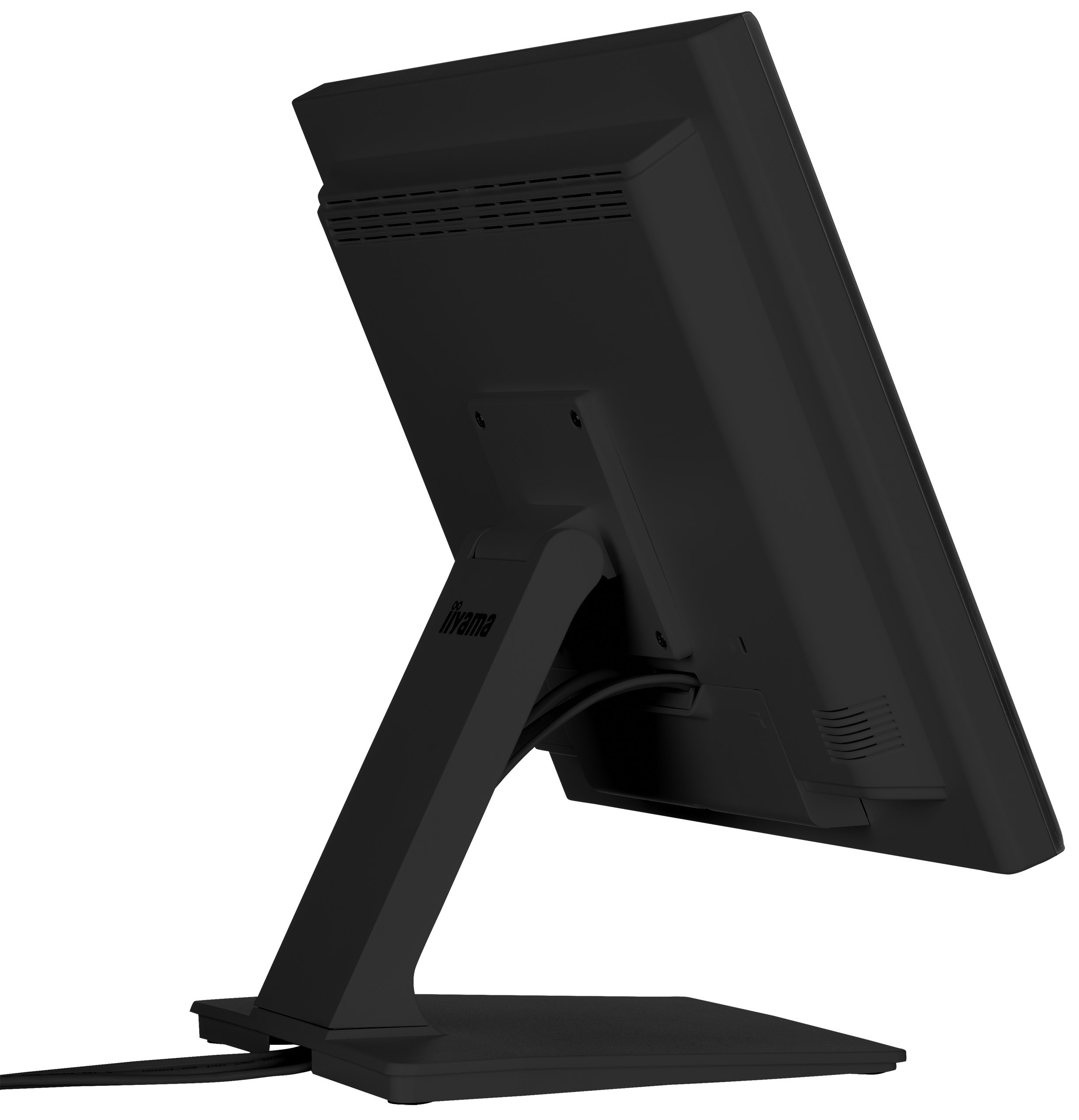 Ein schwarzer Computermonitor mit Ständer. Der Monitor ist abgewinkelt und zeigt die Rückseite. Der Ständer ist ebenfalls schwarz.