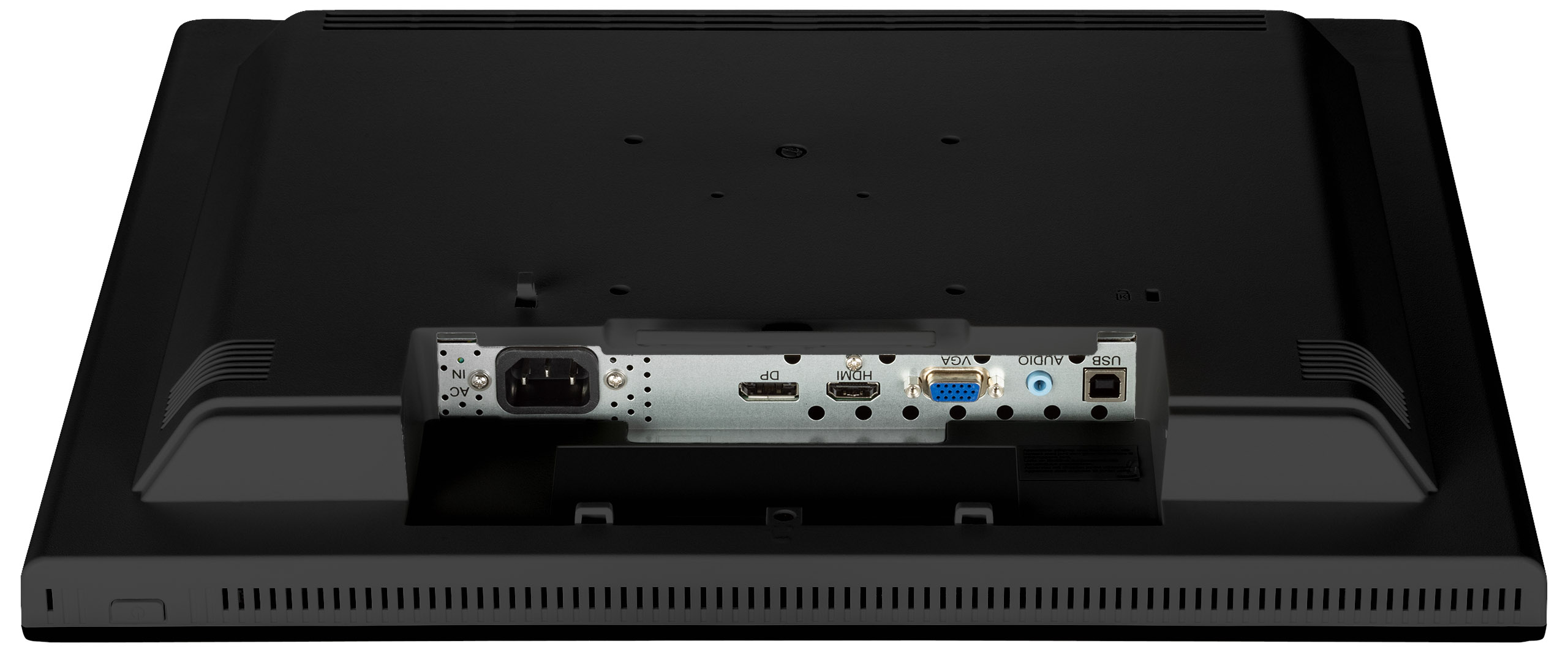Rückseite eines schwarzen Computermonitors. Anschlüsse: AC, DP, HDMI, VGA, Audio und USB. Luftschlitze oben und unten.