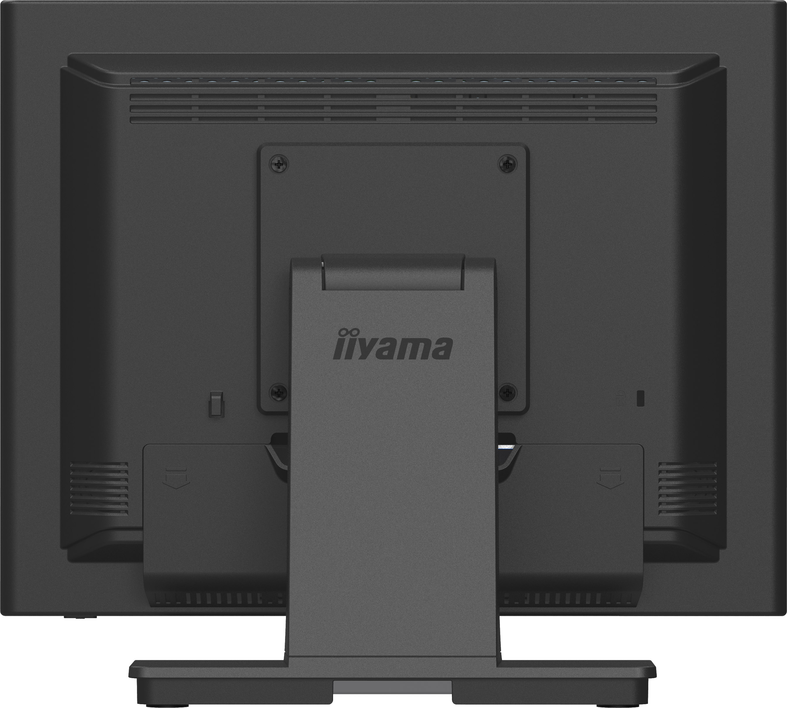 Rückseite eines dunkelgrauen iiyama-Monitors. Ständer ist angebracht. Die Rückseite hat Lüftungsschlitze, Schrauben und eine Platte.