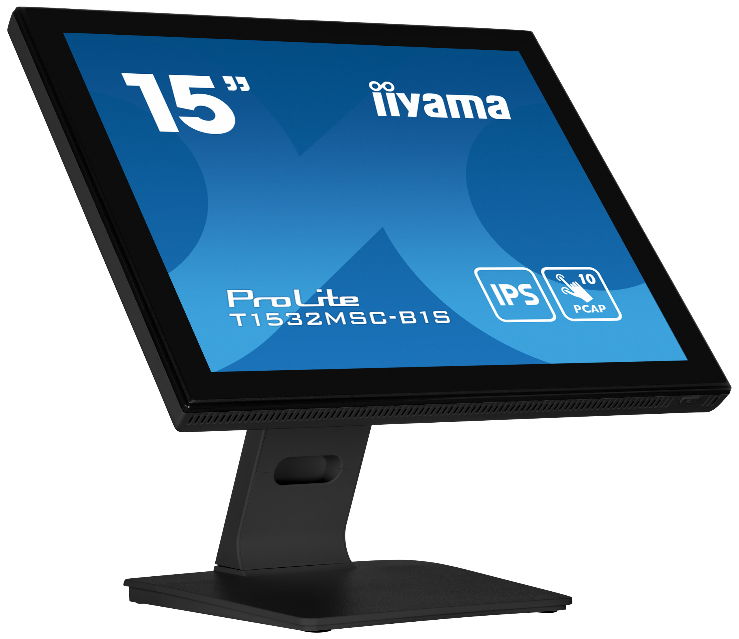Ein schwarzer Iiyama ProLite 15" Touchscreen-Monitor. Der Bildschirm zeigt weißen Text auf blauem Hintergrund, mit einem schwarzen Ständer.