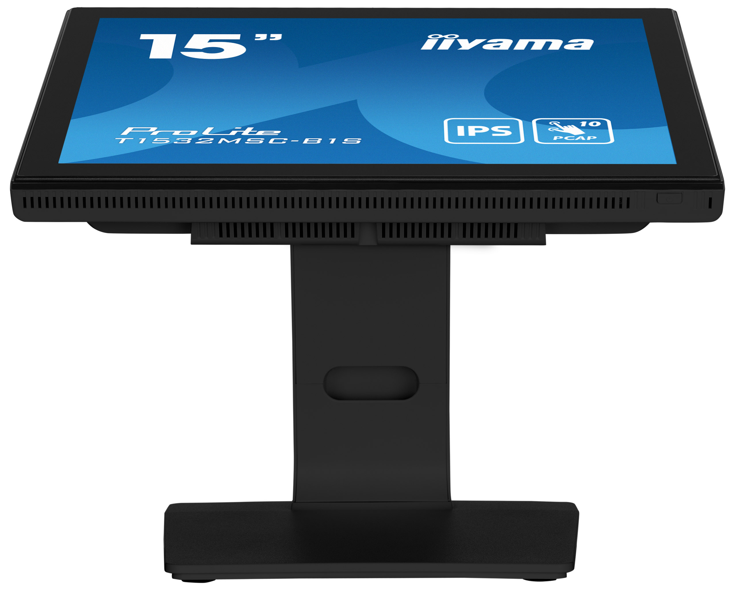 Ein schwarzer Touchscreen-Monitor auf einem schwarzen Ständer. Der Bildschirm zeigt den Markennamen und das Modell.
