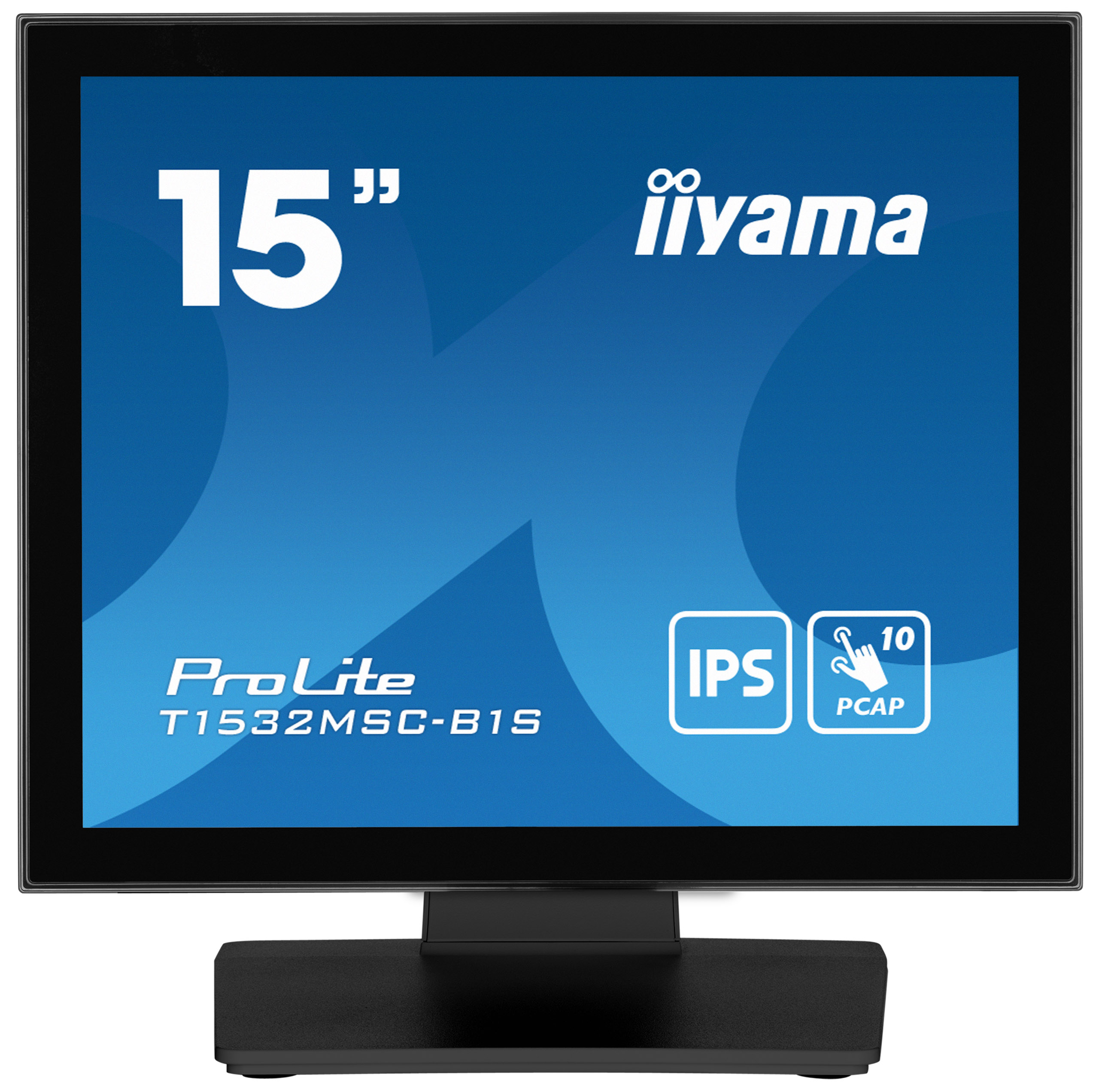Ein 15-Zoll-iiyama ProLite-Monitor. Er hat einen blauen Bildschirm mit weißem Text und Symbolen. Der Monitor ist schwarz mit einem schwarzen Ständer.