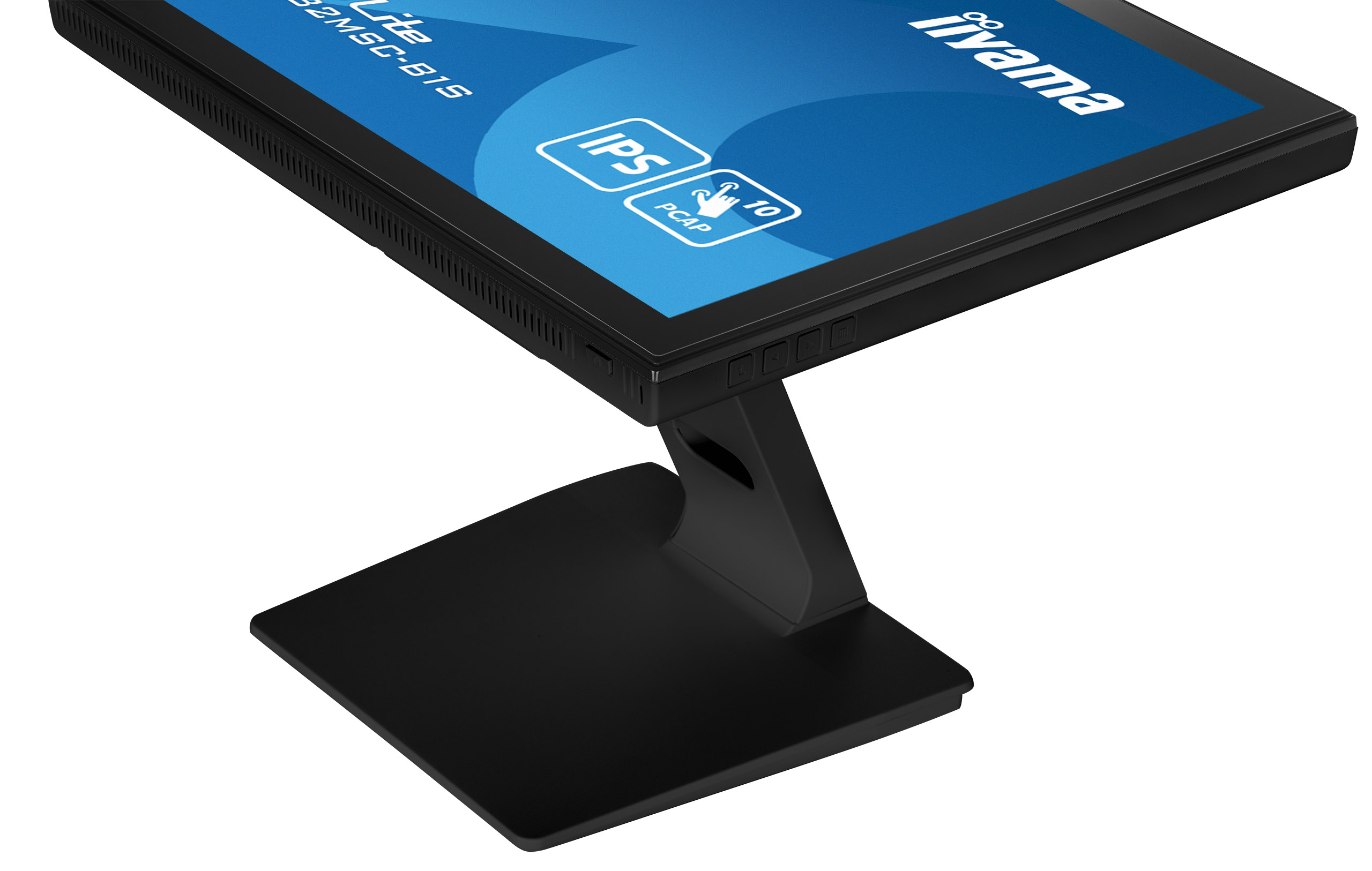 Ein schwarzer Computermonitor mit Ständer. Der Bildschirm zeigt das iiyama-Logo und einige Symbole. Weißer Hintergrund.