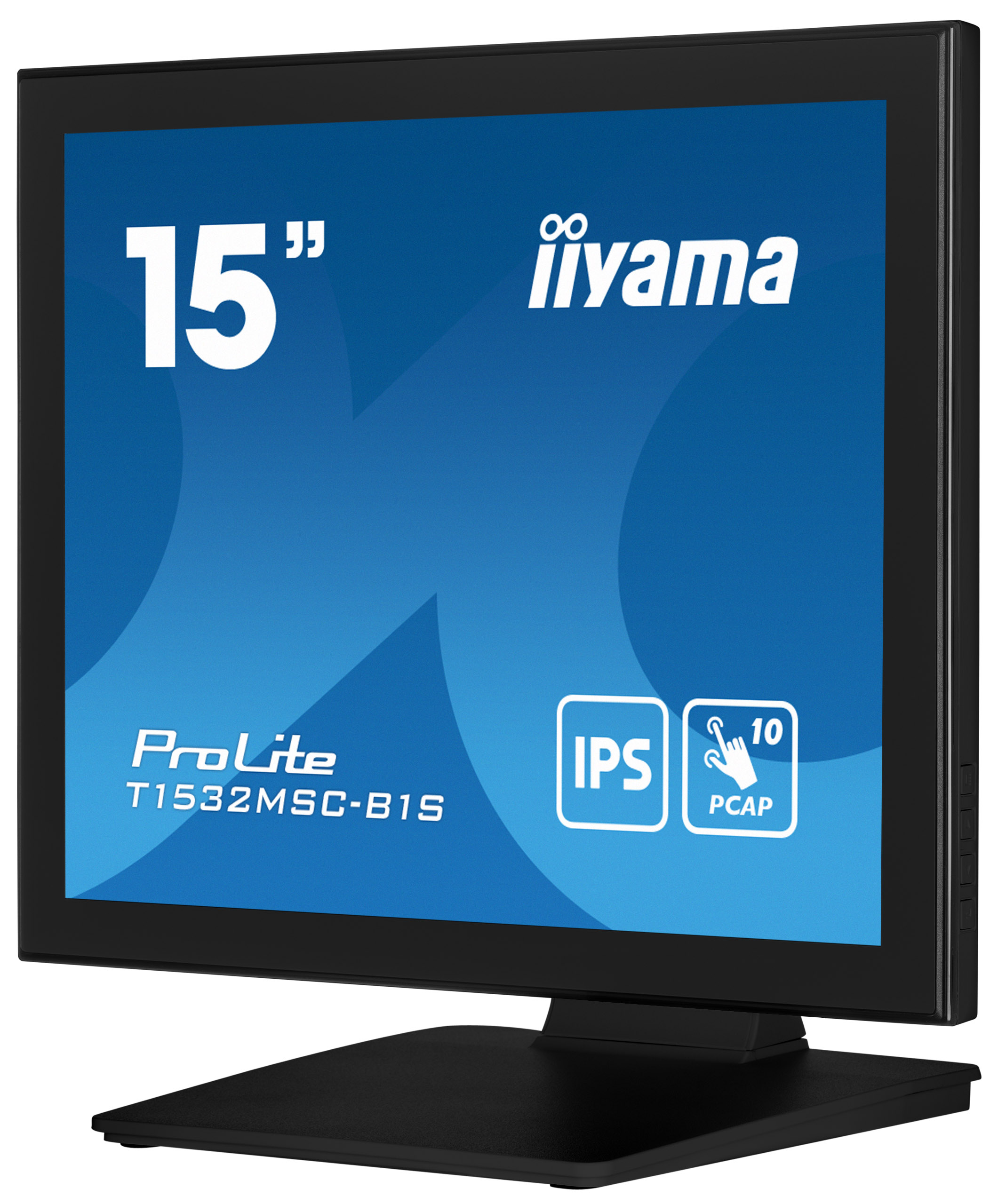 Ein schwarzer iiyama 15" ProLite Monitor. Blauer Bildschirm mit weißem Text und Symbolen. Schwarzer Ständer.
