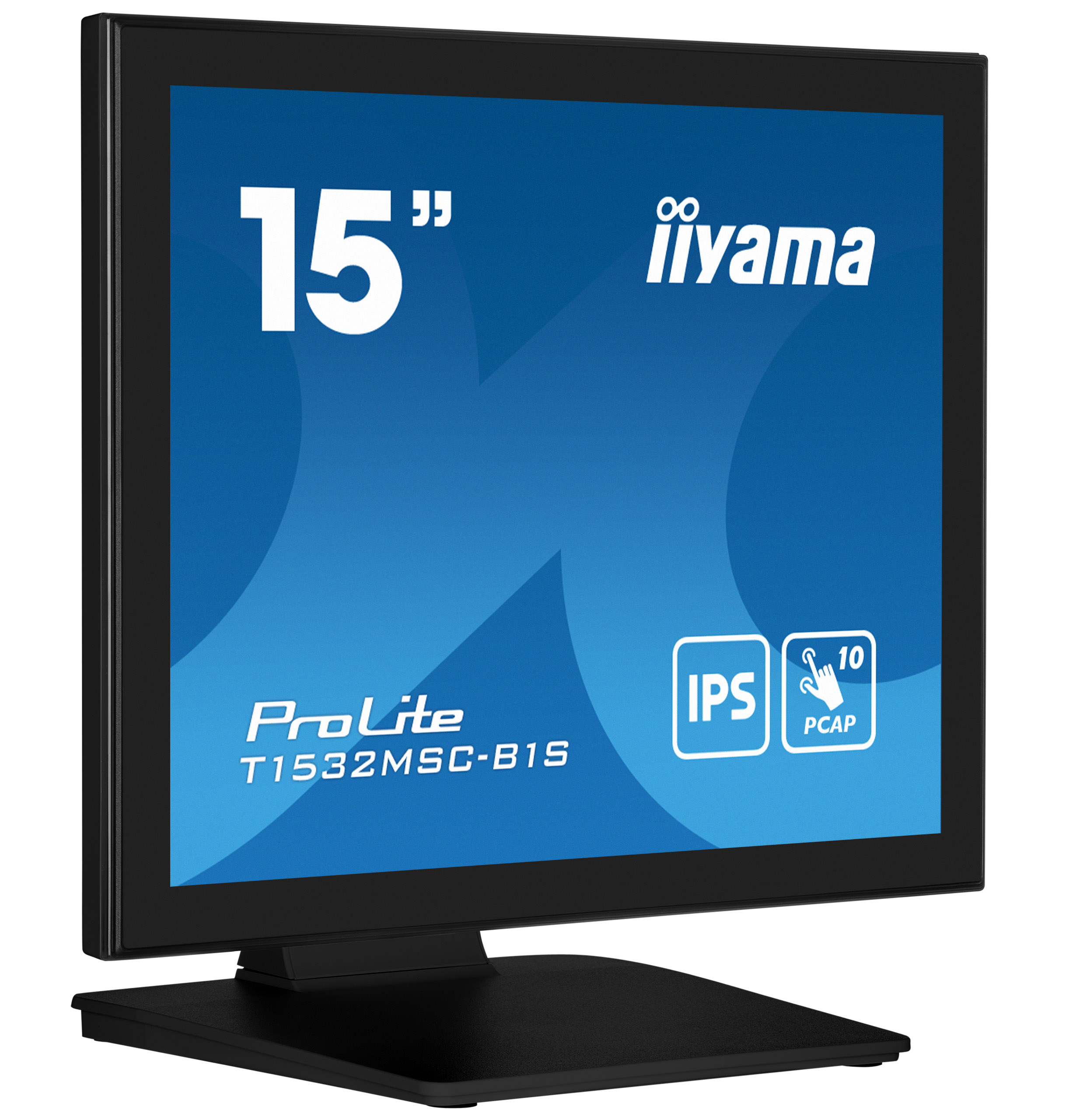 Ein schwarzer Iiyama-Monitor mit blauem Hintergrund. Er hat den Text "15" und "iiyama".