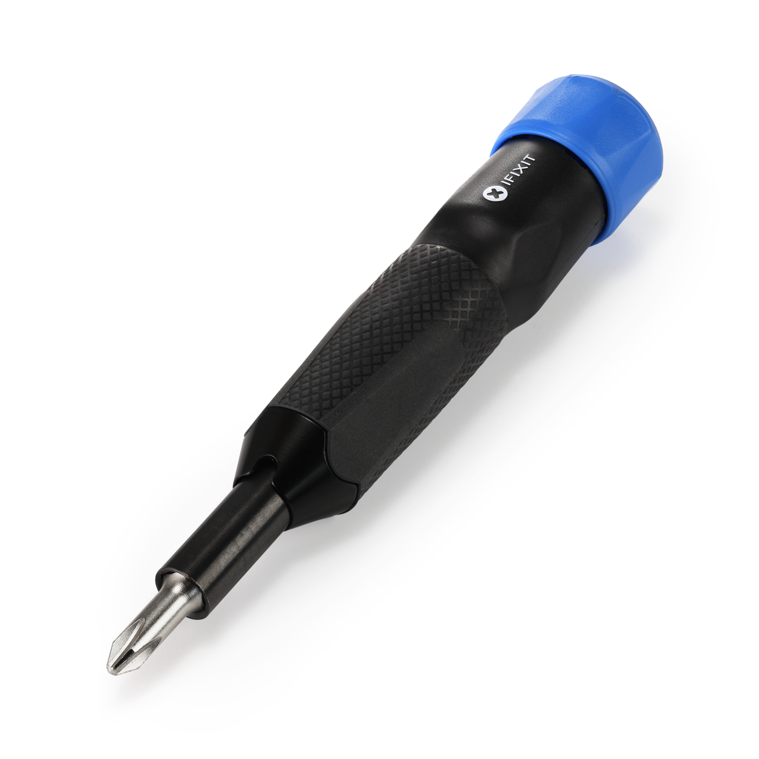 Un tournevis iFixit noir et bleu sur fond blanc. Le tournevis est incliné et net.