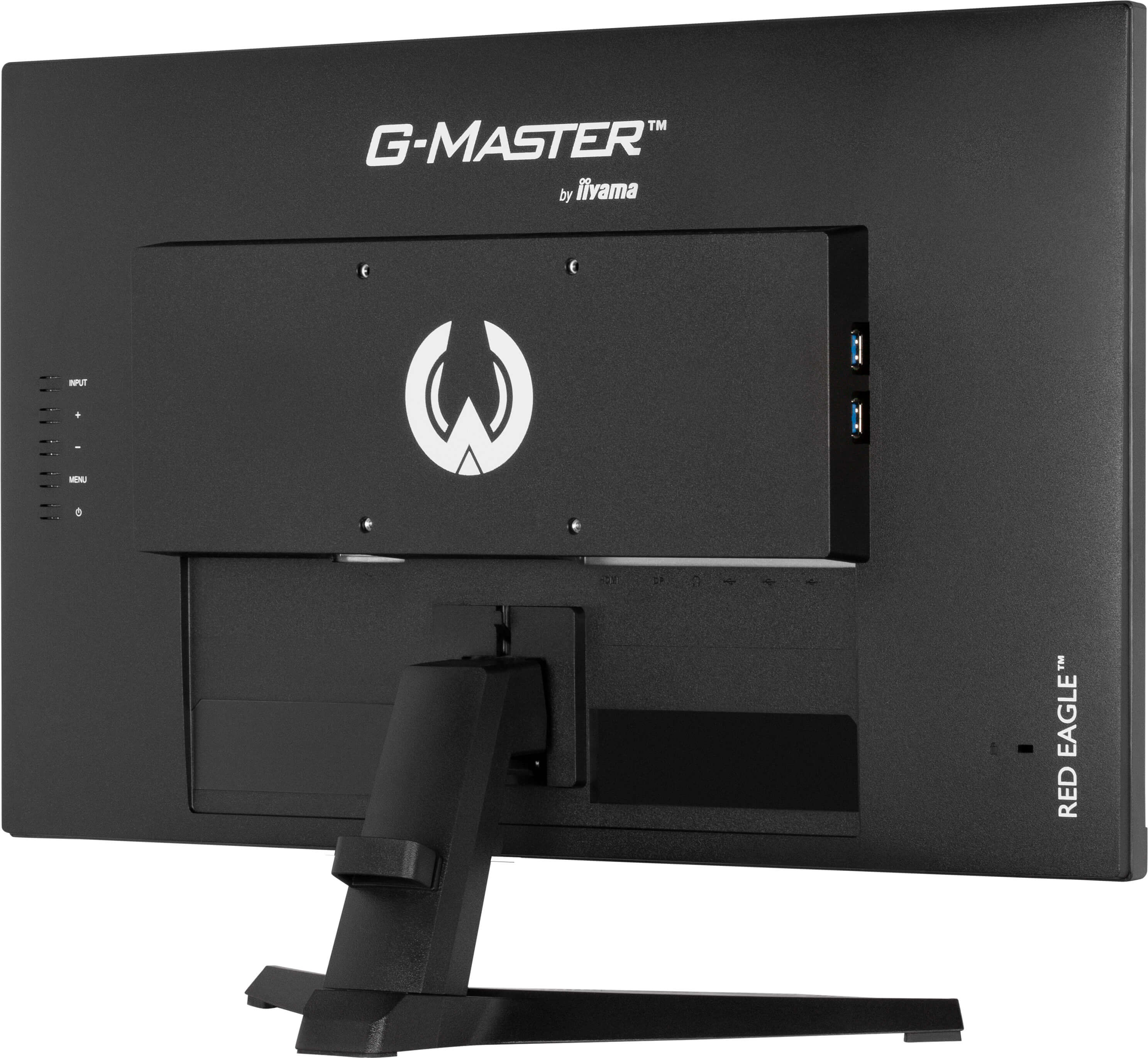 Tył czarnego monitora G-MASTER. Zawiera logo, porty i stojak.