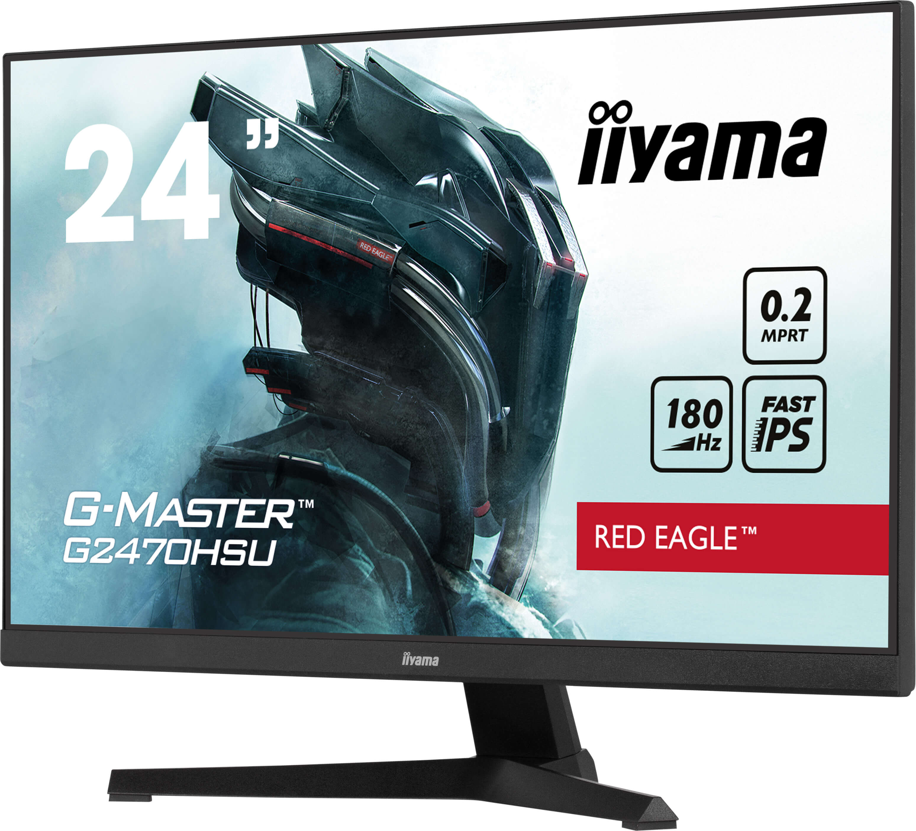 Czarny monitor komputerowy z futurystycznym designem na ekranie. Tekst zawiera '24', 'G-MASTER', 'iiyama' i 'RED EAGLE'.