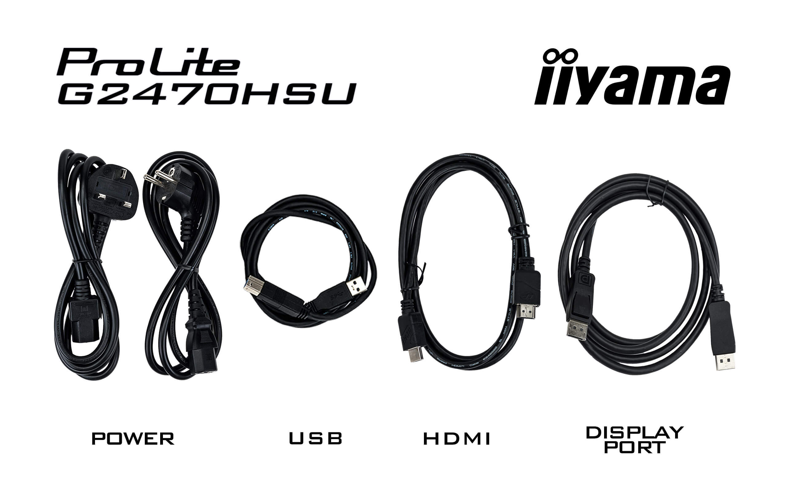 Obraz pokazuje monitor z kablem zasilającym, USB, HDMI i kablami DisplayPort. Teksty to ProLite, iiyama i typy kabli.