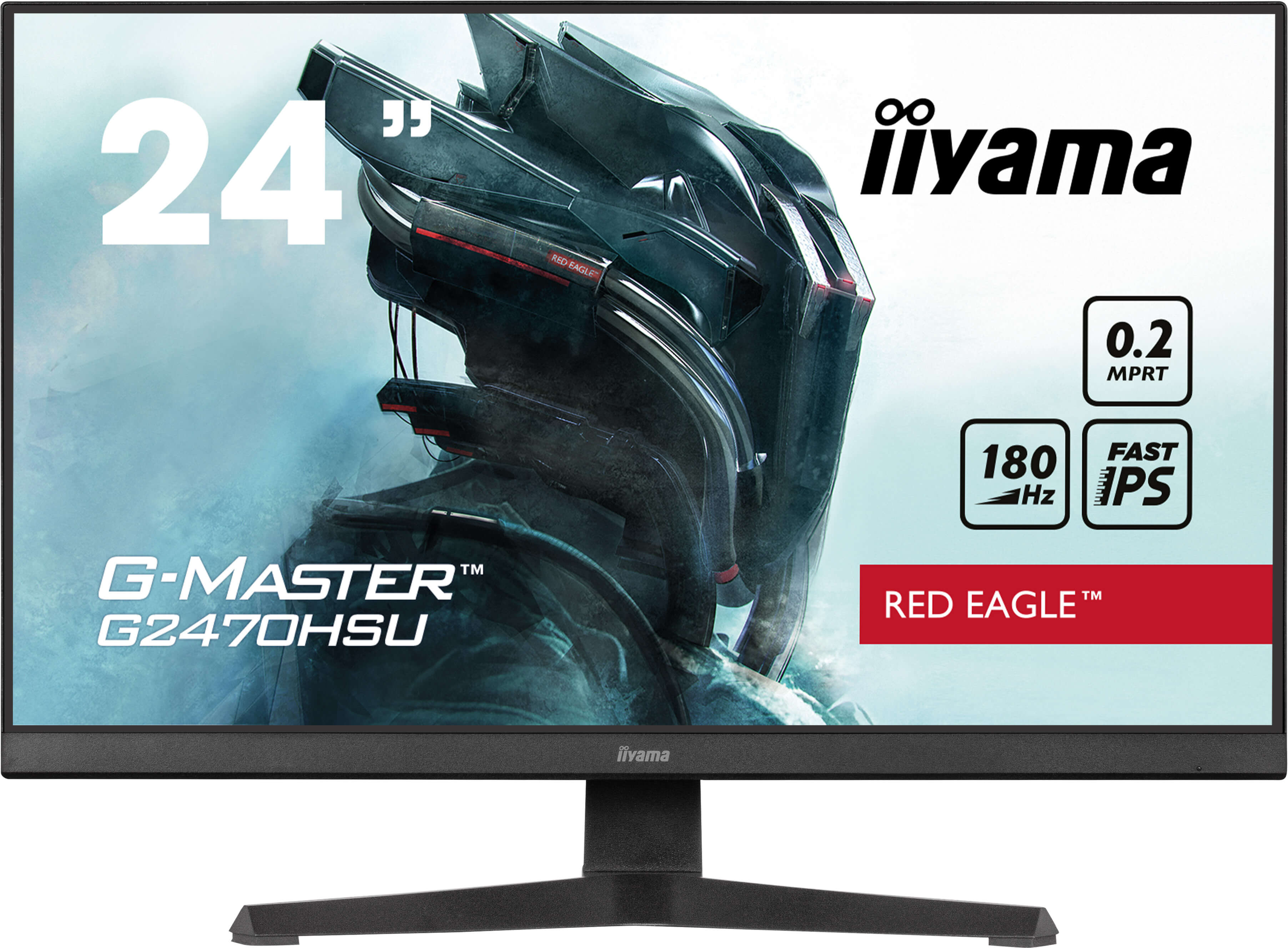 Monitor komputerowy o futurystycznym designie, z marką iiyama i szczegółami produktu. Ekran wyświetla stylizowany obraz.