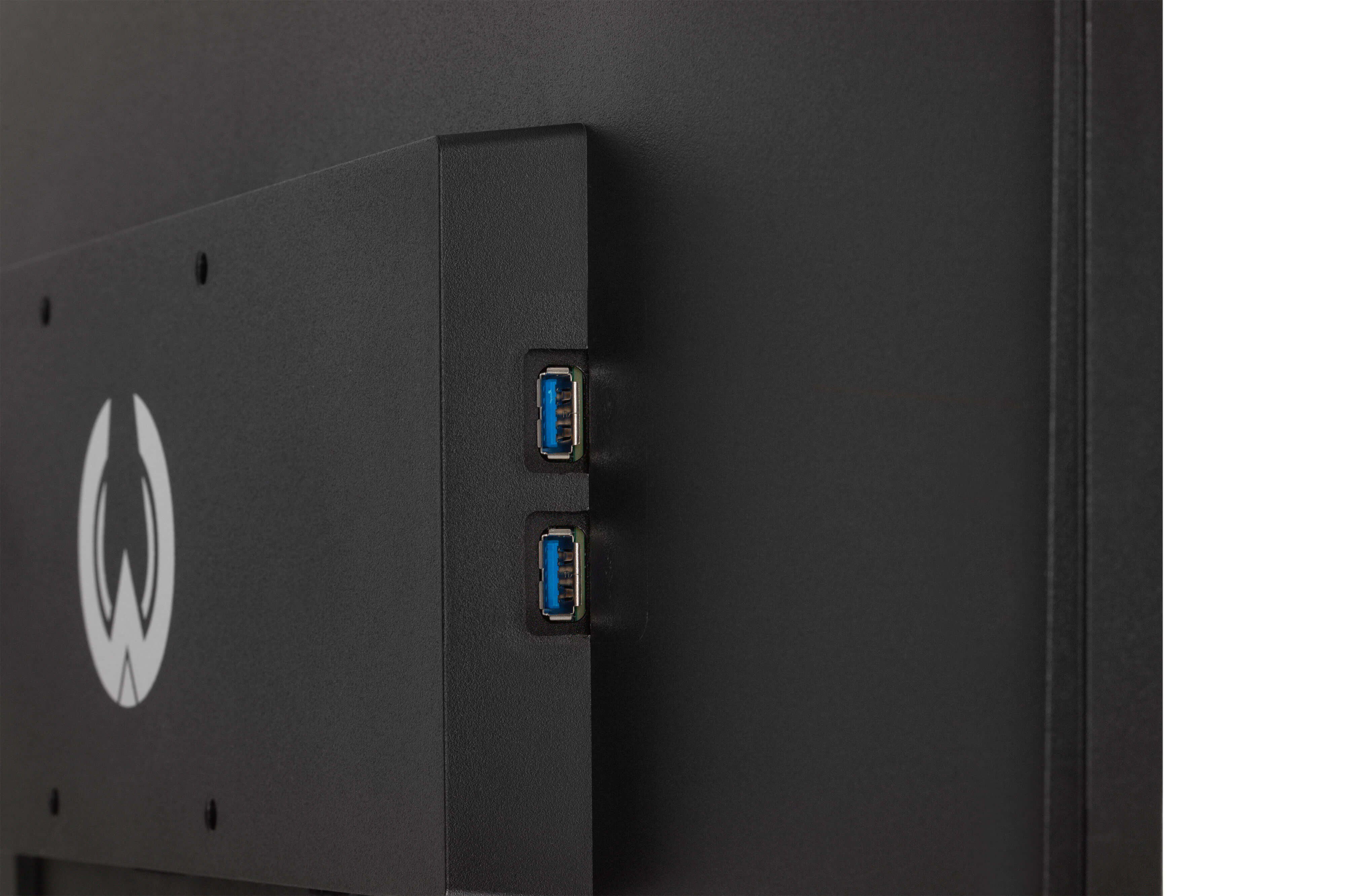 Zbliżenie czarnego monitora z portami USB. Porty są niebieskie. Monitor ma logo.