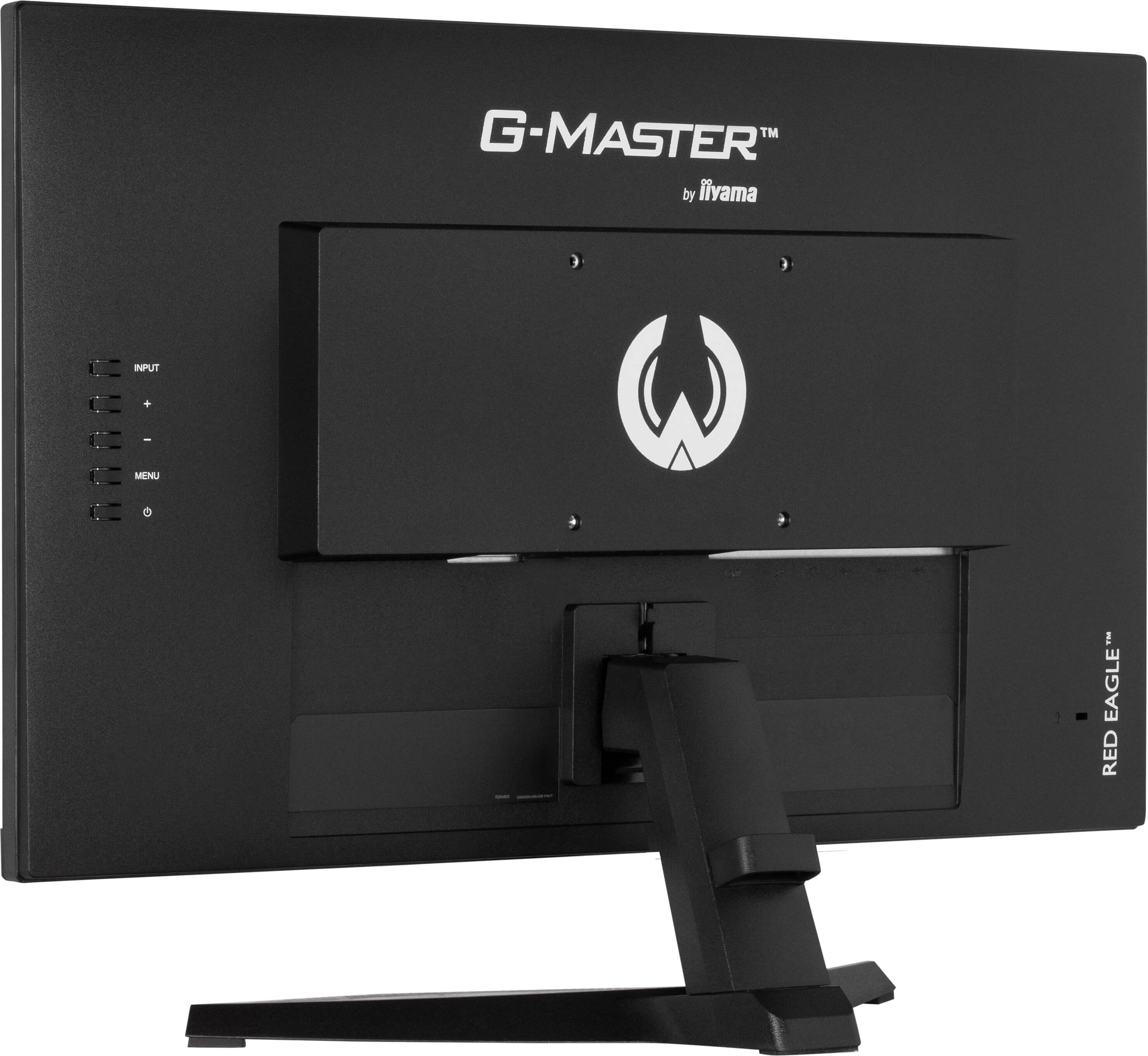 Czarny monitor komputerowy z marką G-MASTER i logo. Ma przyciski i słowa Red Eagle.