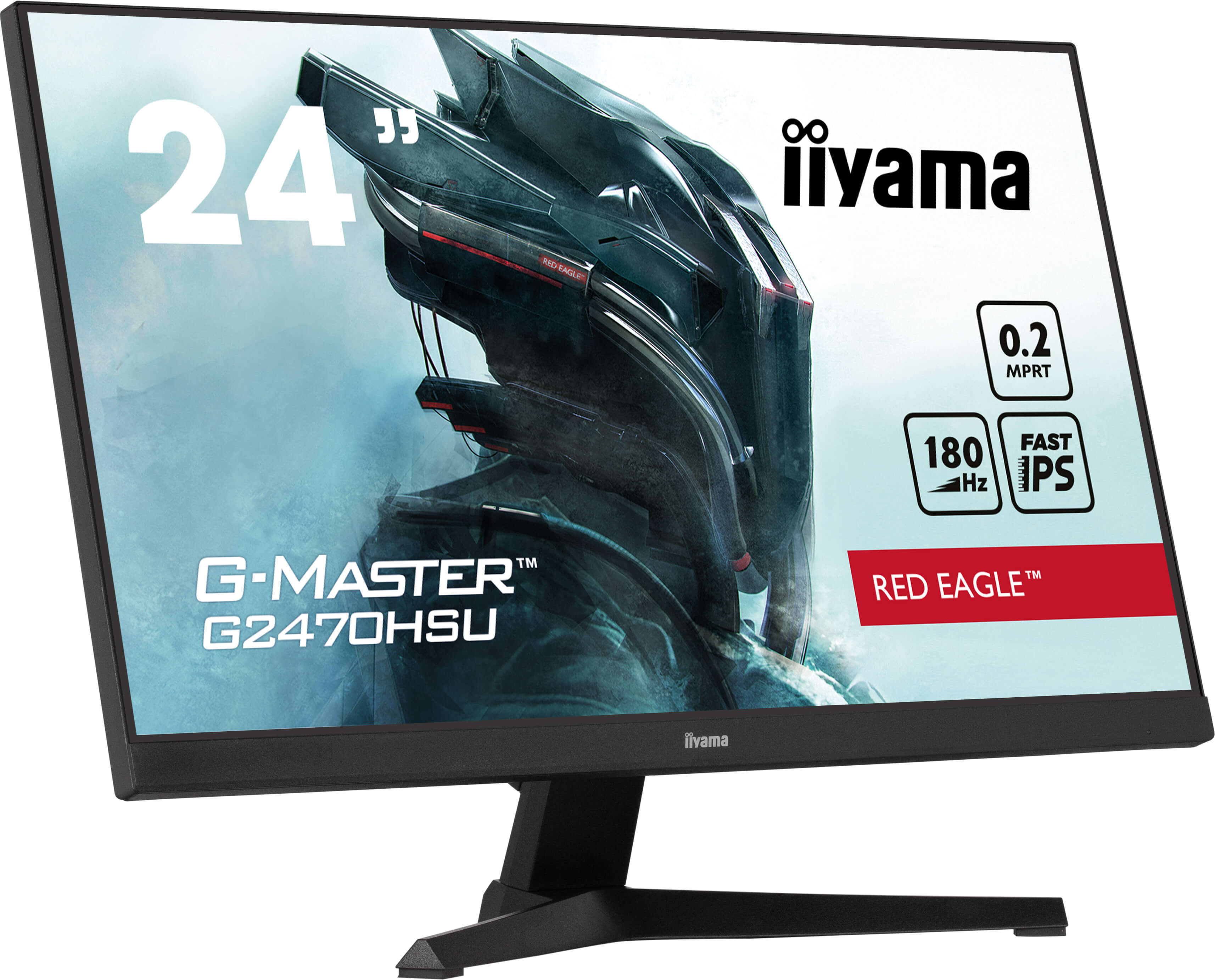 Czarny monitor komputerowy z logo iiyama i tekstem G-MASTER G2470HSU oraz innymi specyfikacjami.