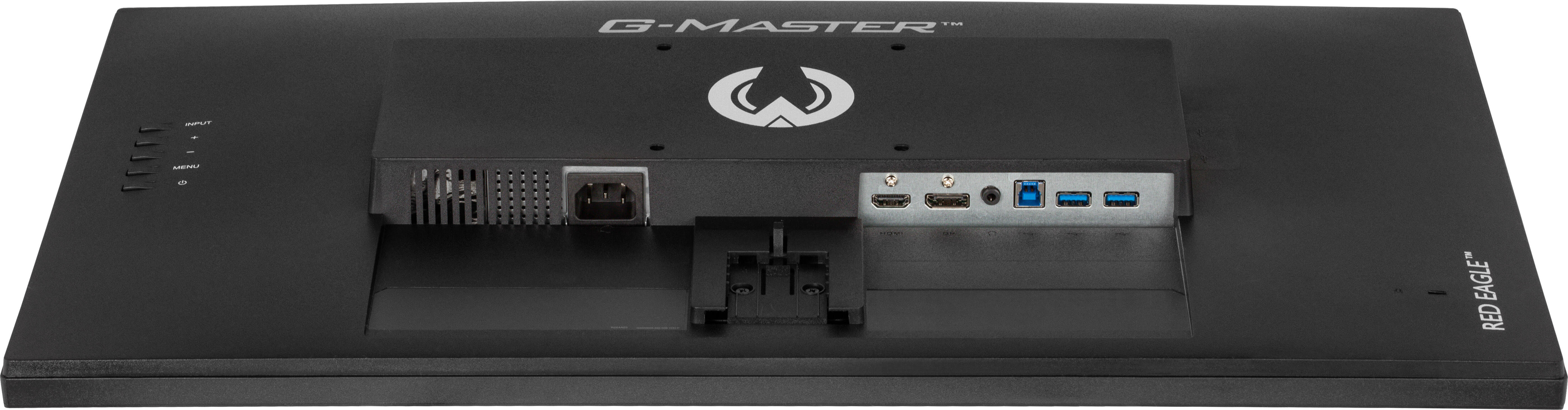 Widok z tyłu czarnego monitora komputera z portami, wejściem zasilania i logo G-Master.