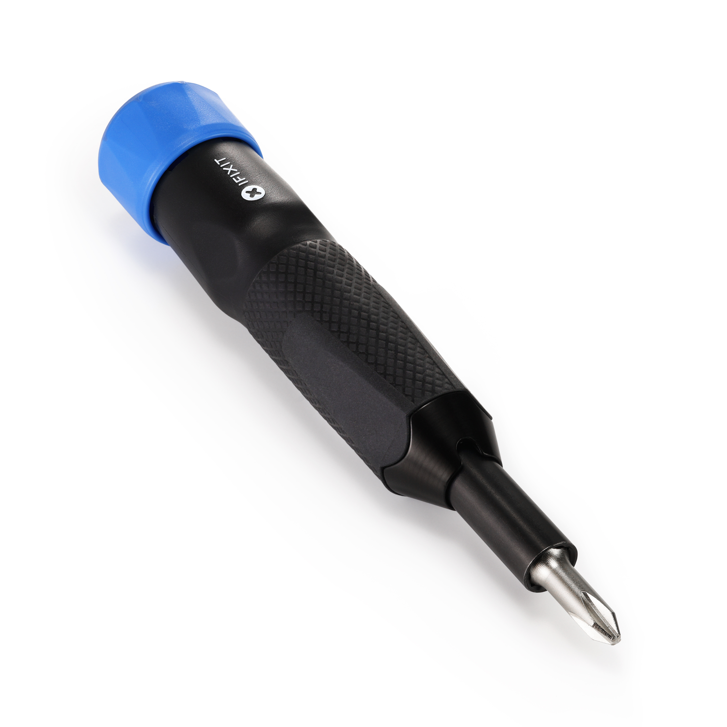 Un tournevis iFixit noir et bleu sur fond blanc. Le tournevis a un capuchon bleu et une poignée noire.