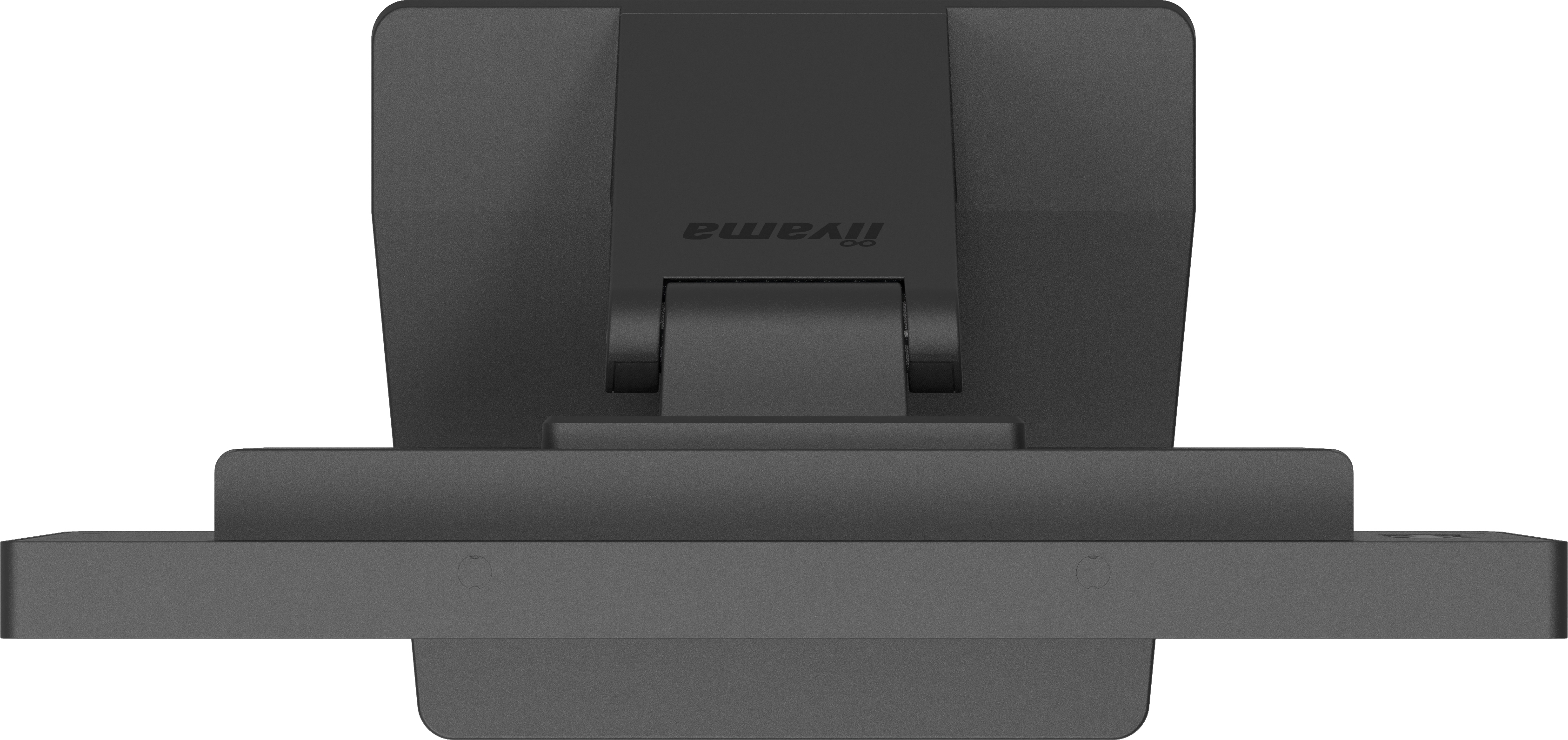 Ein schwarzer Computermonitorständer. Der Monitor ist an einem Ständer mit dem Wort "iiyama" befestigt. Der Ständer steht auf weißem Hintergrund.