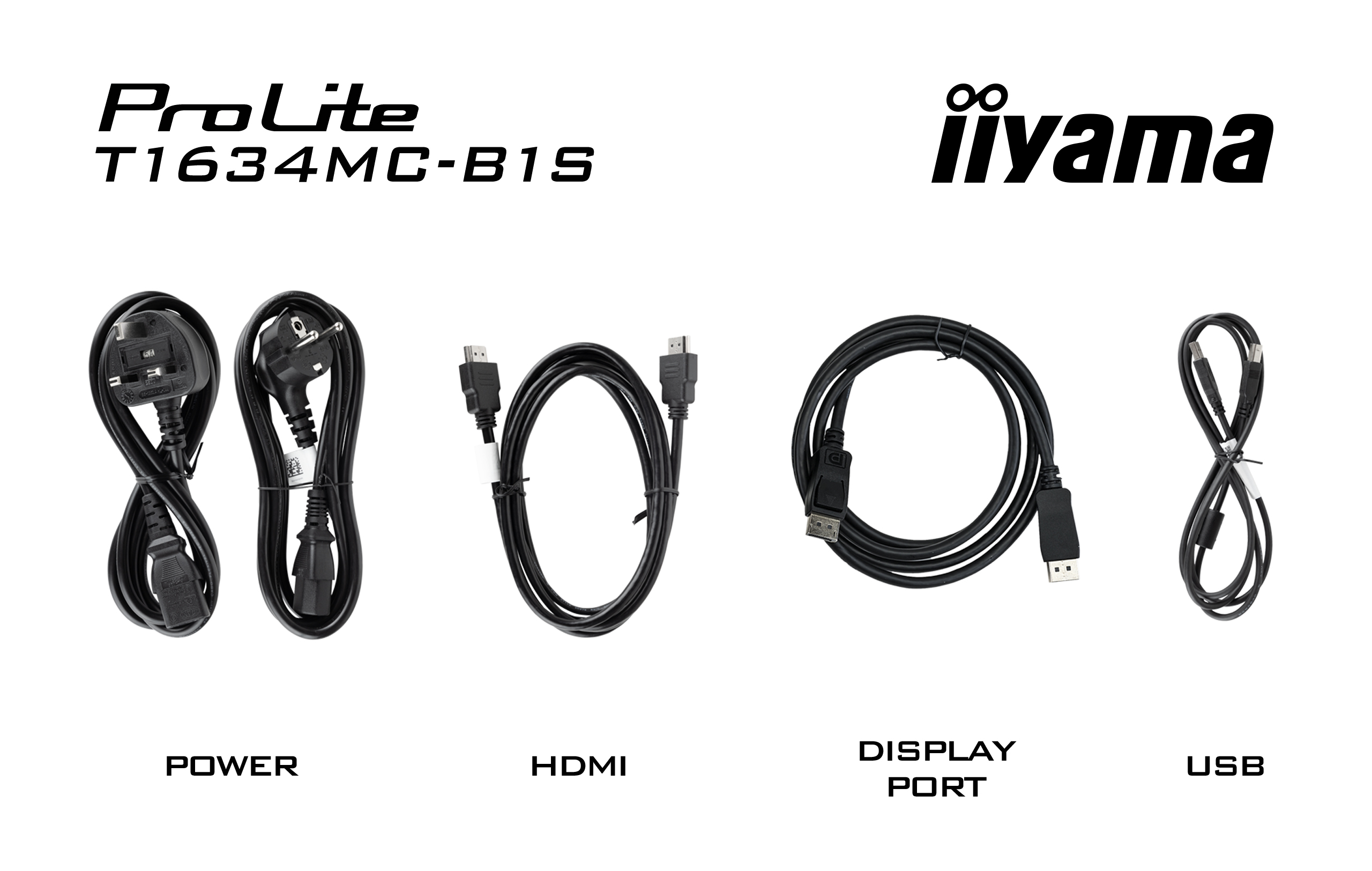 Das Bild zeigt Strom-, HDMI-, DisplayPort- und USB-Kabel. Weißer Hintergrund mit ProLite- und iiyama-Logos.