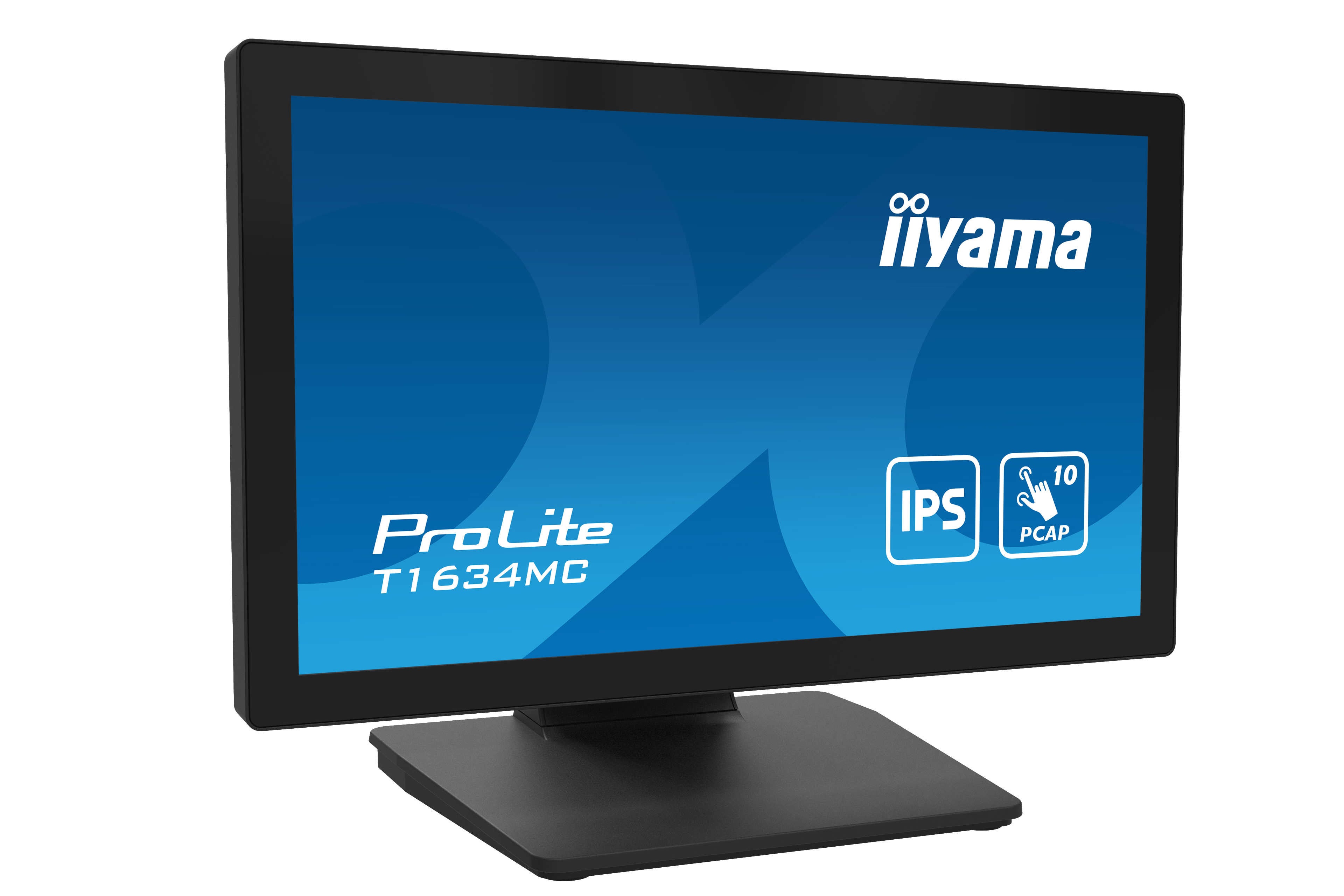 Ein schwarzer iiyama ProLite T1634MC Monitor auf einem schwarzen Ständer. Der Bildschirm ist blau mit weißem Text und Symbolen.