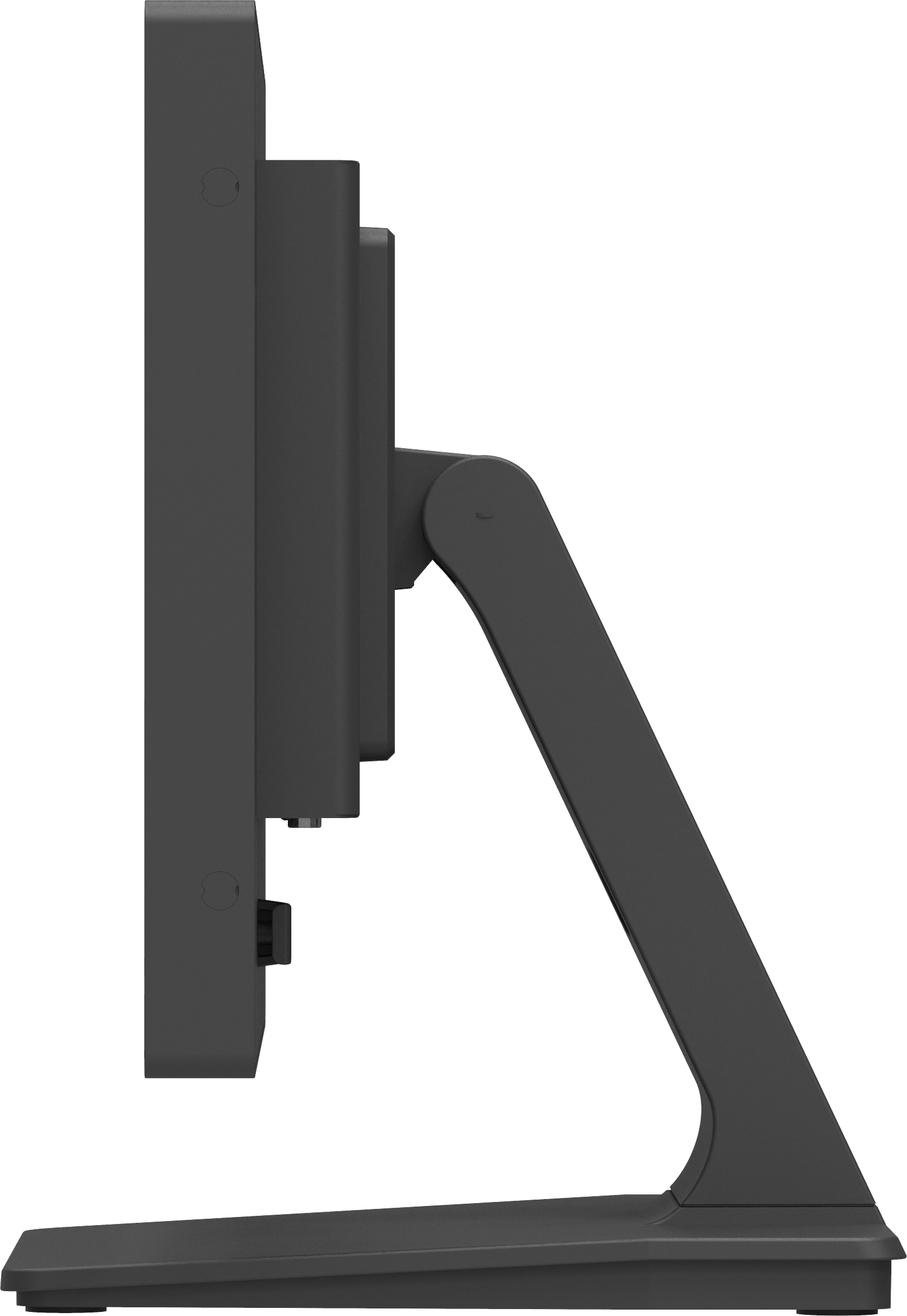 Seitenansicht eines dunkelgrauen Computermonitors mit Ständer, auf weißem Hintergrund.