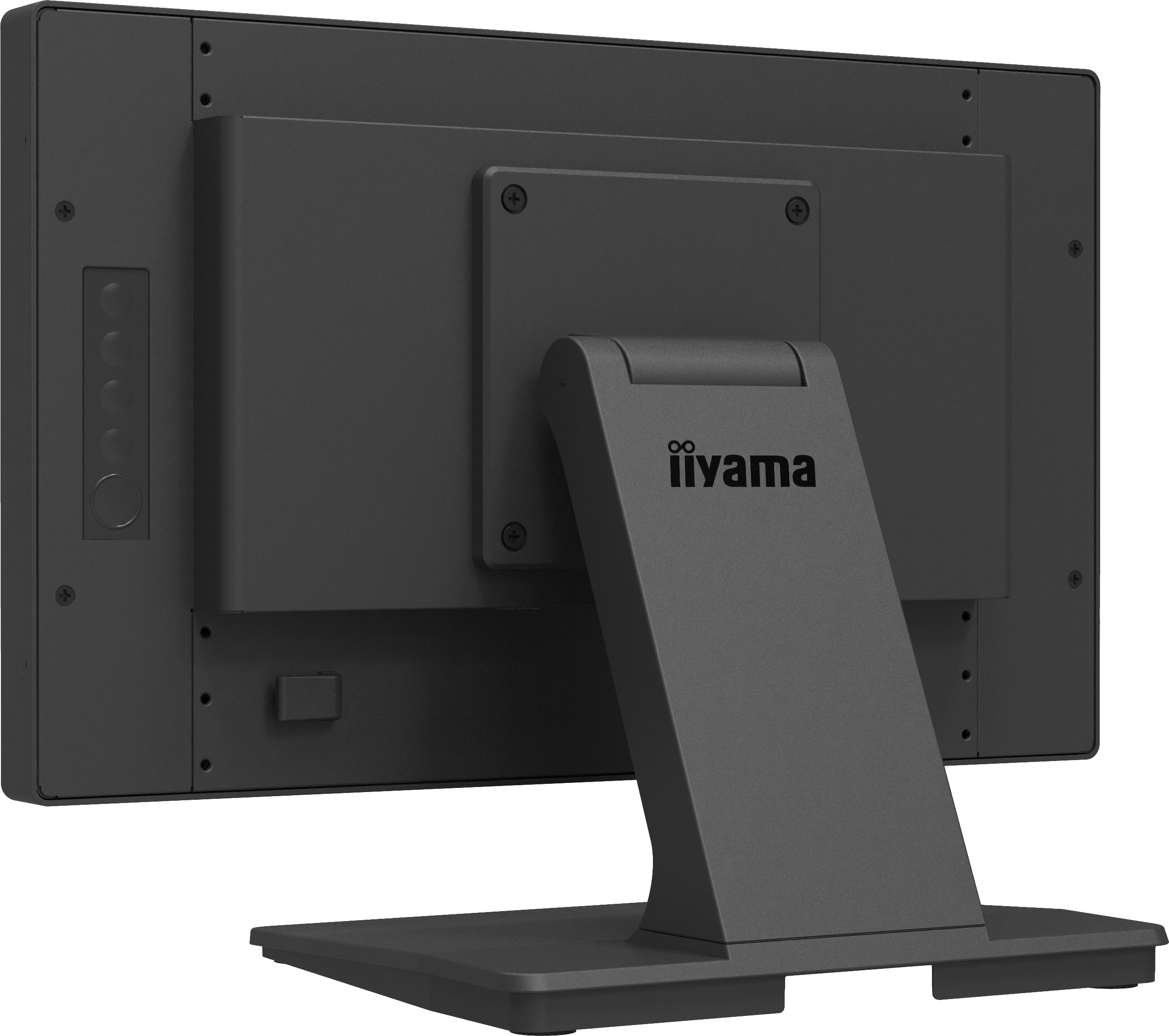 Rückseite eines schwarzen Computermonitors mit Ständer. Es hat das 'iiyama' Logo.