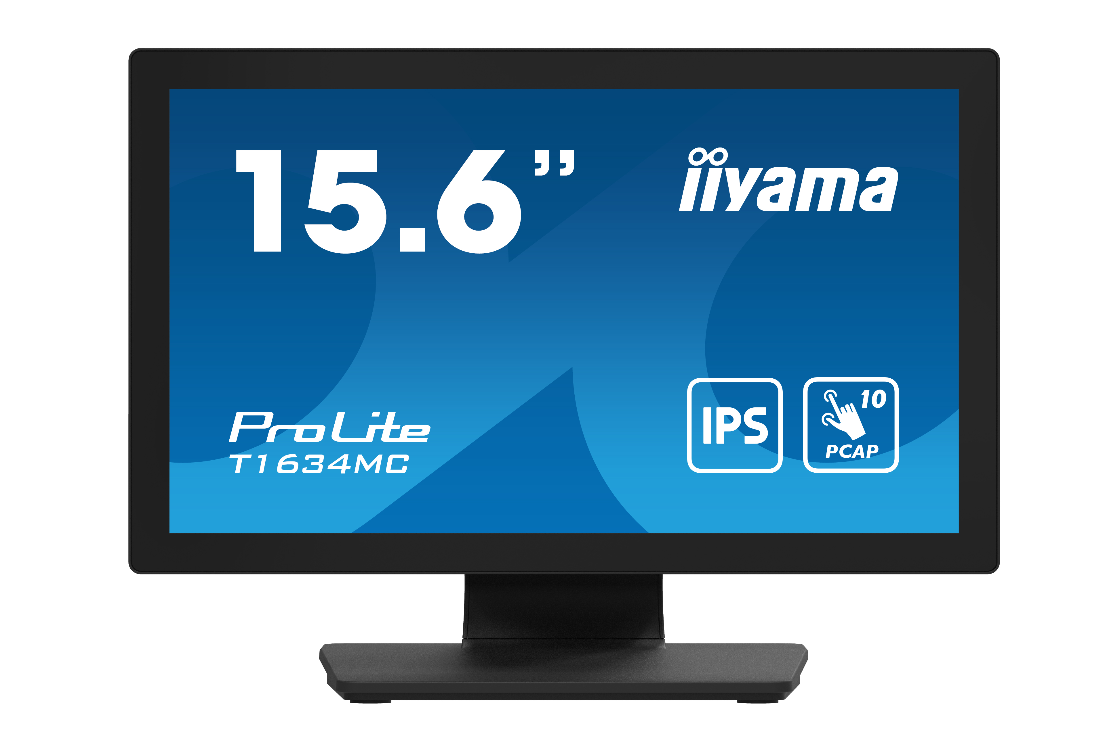 Ein 15,6" iiyama Monitor, schwarzer Rahmen, blauer Bildschirm mit weißem Text und Symbolen, schwarzer Ständer.