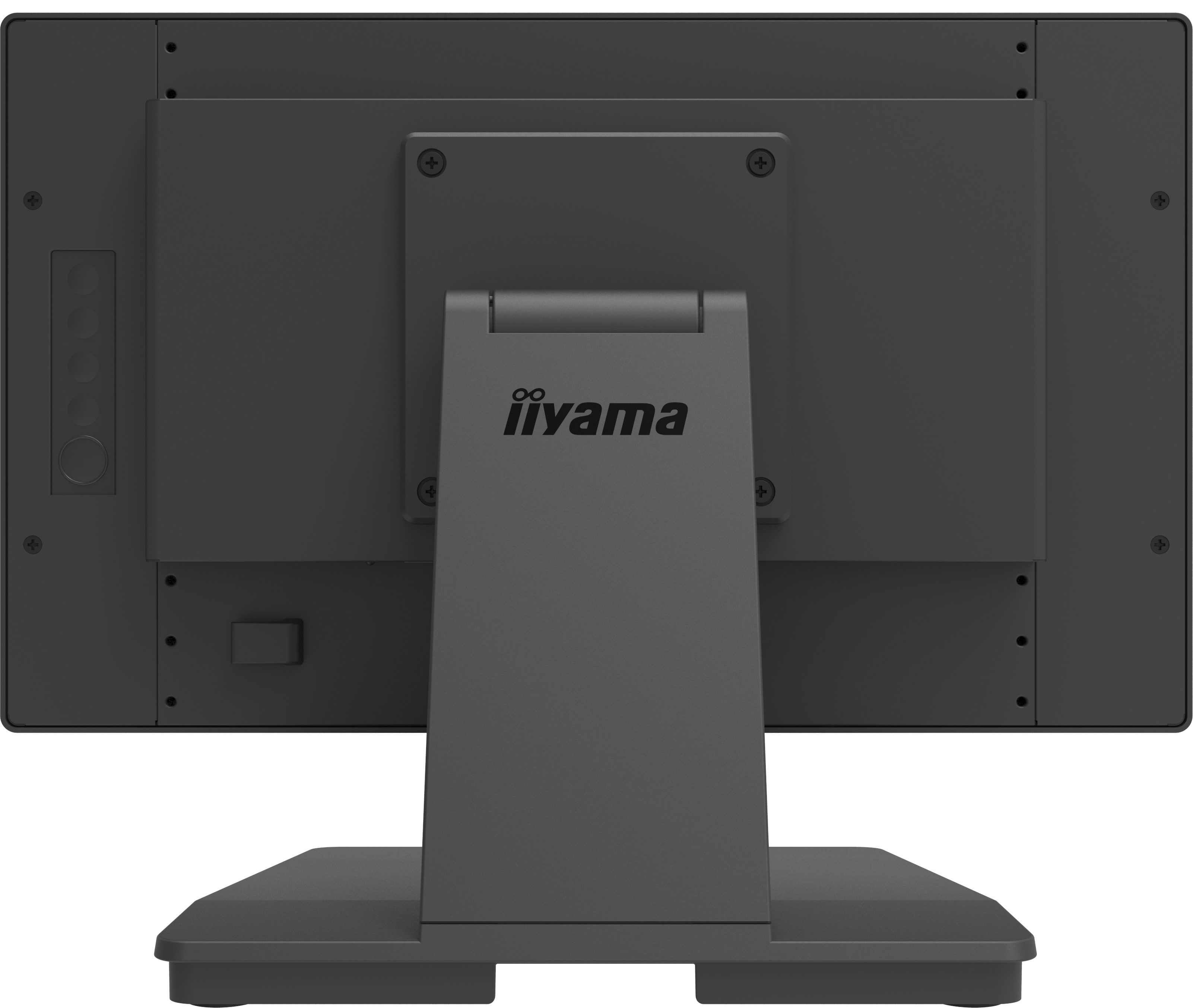 Die Rückseite eines dunkelgrauen Computermonitors. Das iiyama-Logo ist sichtbar. Der Ständer und die Anschlüsse sind ebenfalls sichtbar.