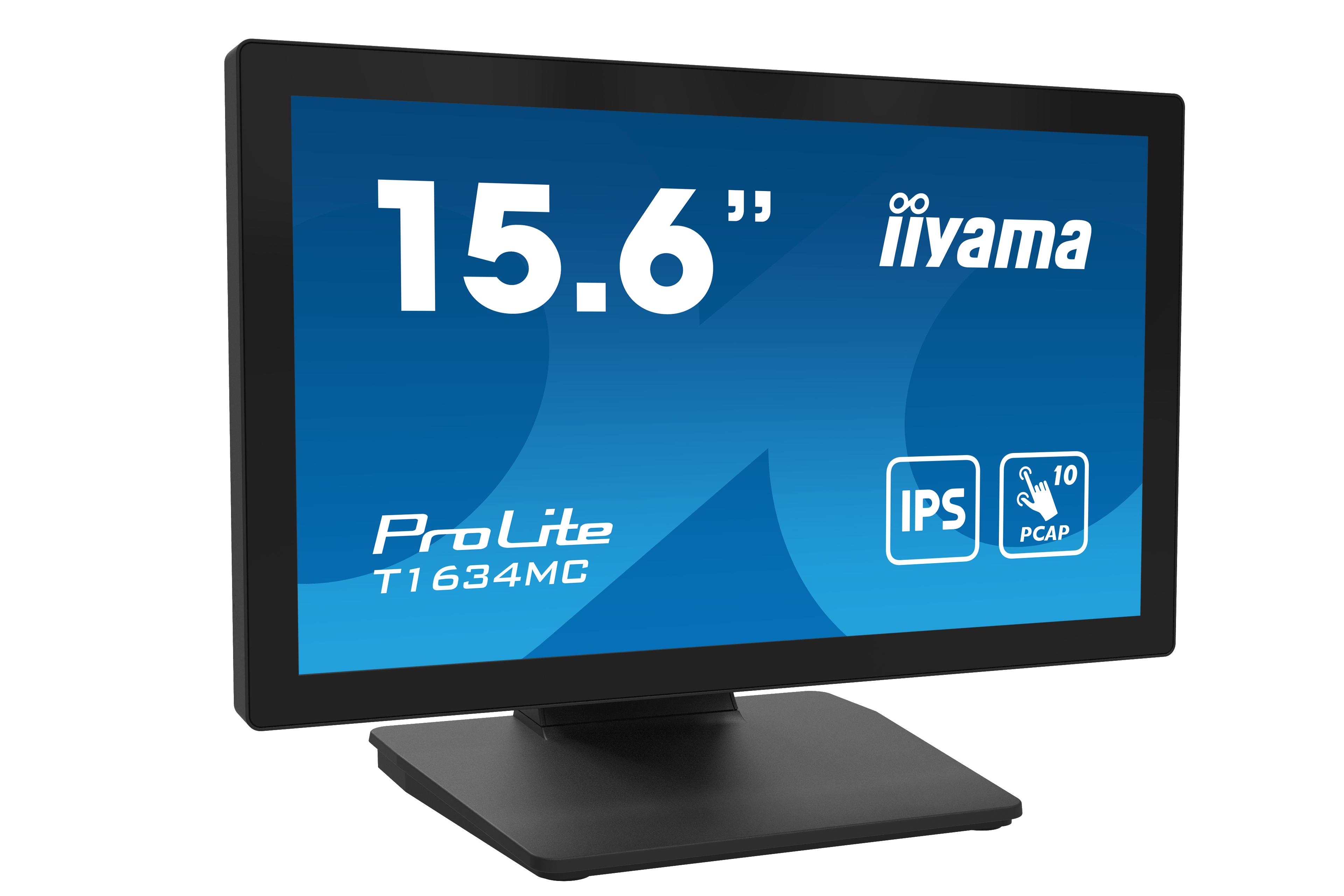 Ein schwarzer 15,6-Zoll-Monitor von Iiyama mit blauem Bildschirm. Der Text enthält 'ProLite', Modellnummer, 'IPS' und 'PCAP'.